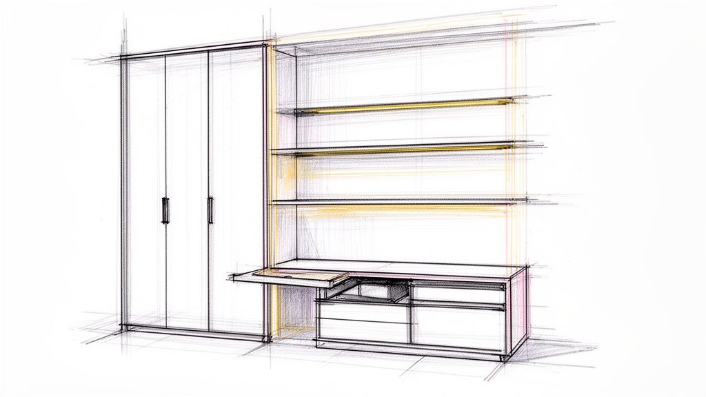 Skitse af moderne entreindretning med garderobeskab, åbne hylder, udtrækkeligt skrivebord og skuffer til optimal opbevaring.