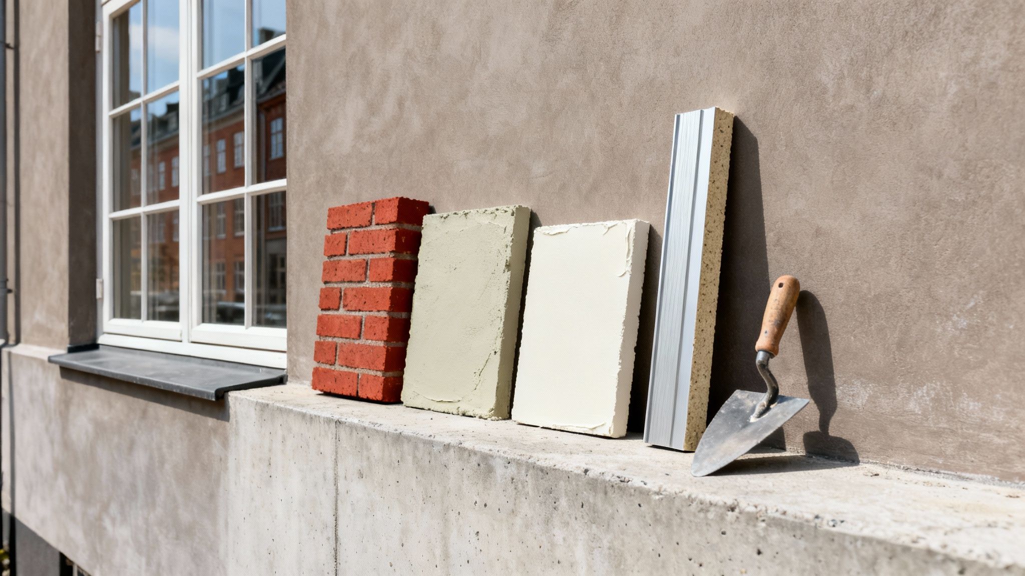 Forskellige facadematerialer og værktøjer til facaderenovering udstillet på en bygning i sollys.