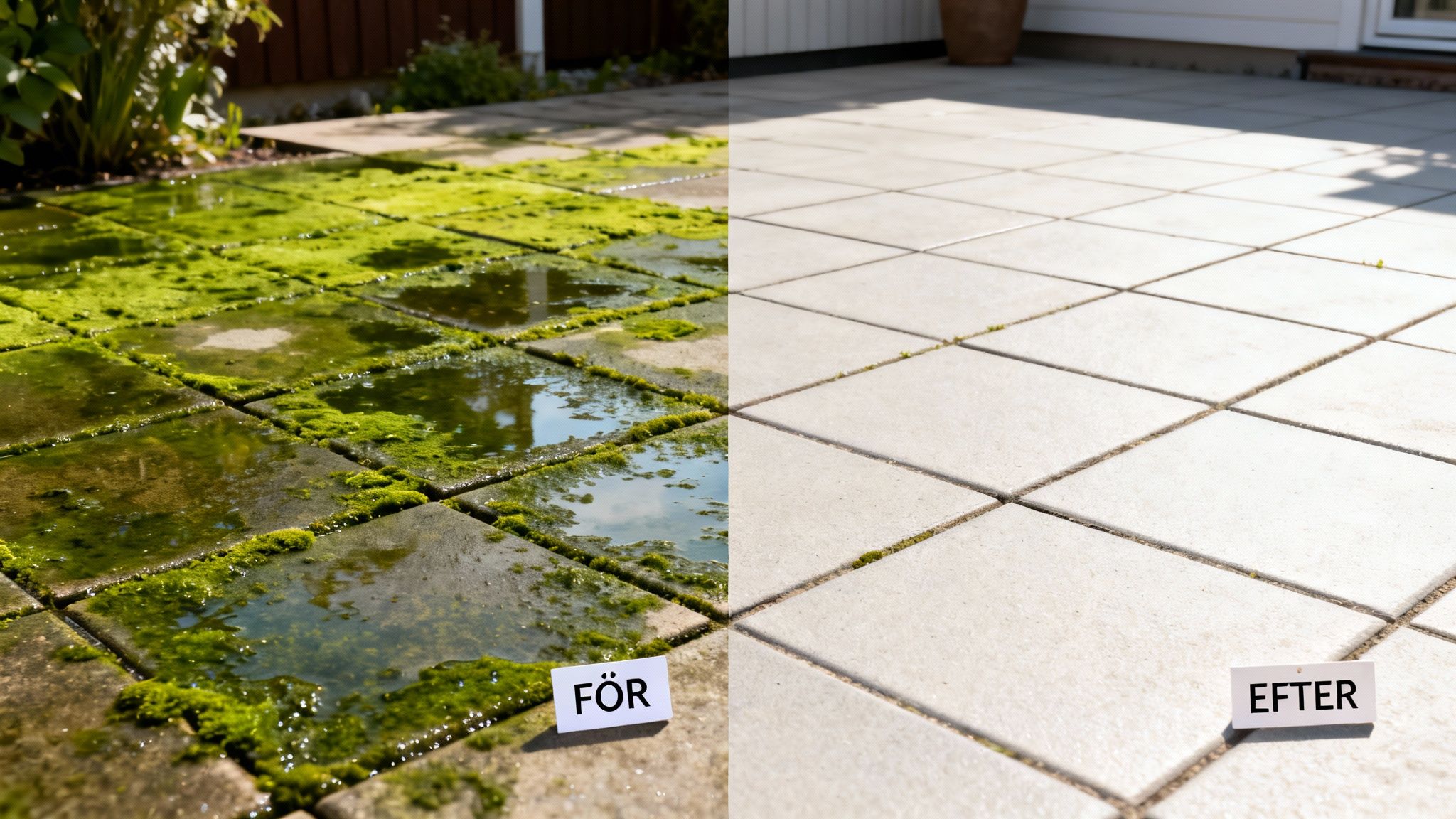 Før og efter billeder af en fliseterrasse. Venstre side med alger og mos, højre side er nyrenset og ren.