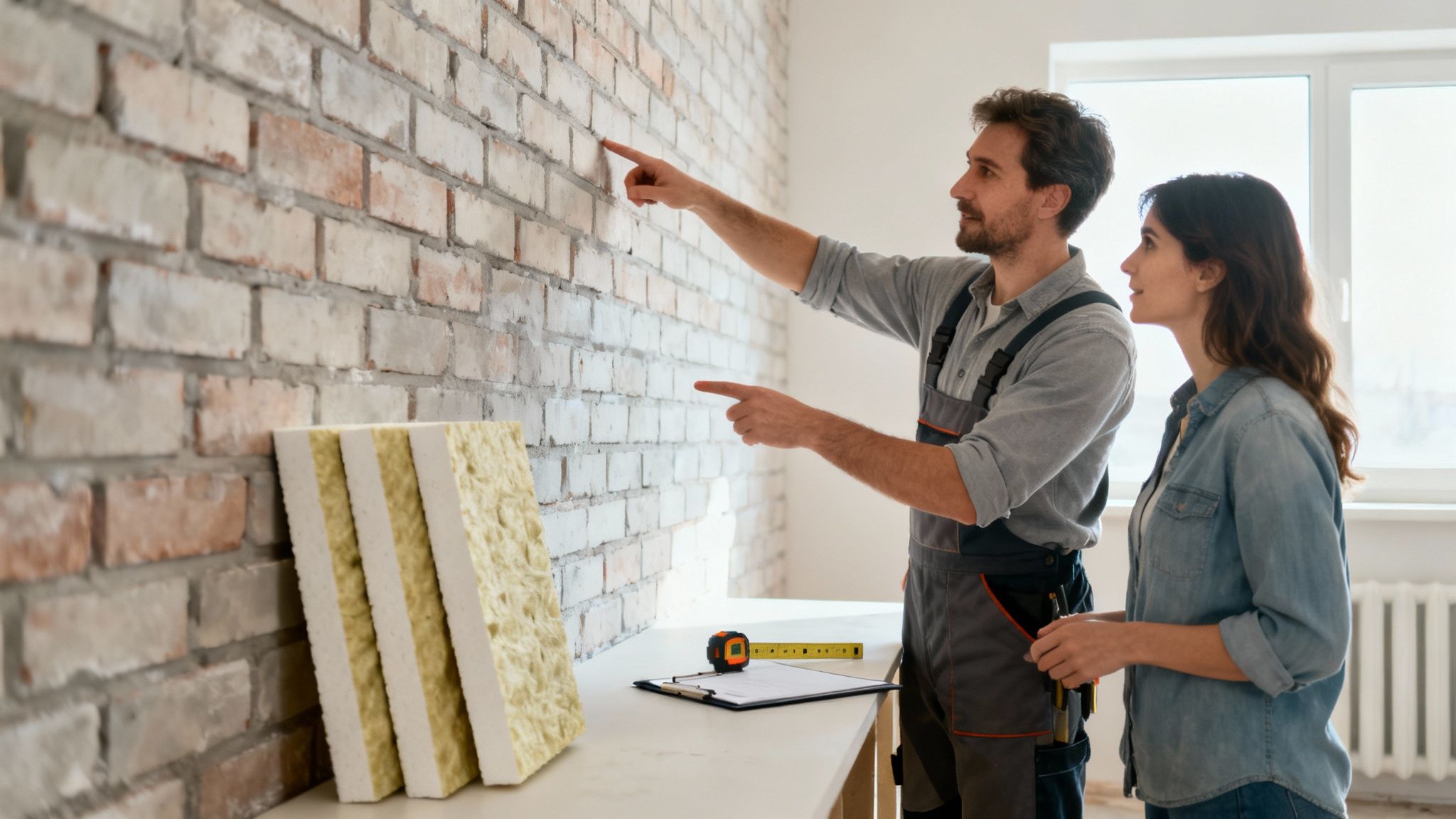 En håndværker er i gang med at tilpasse isoleringsplader til en væg