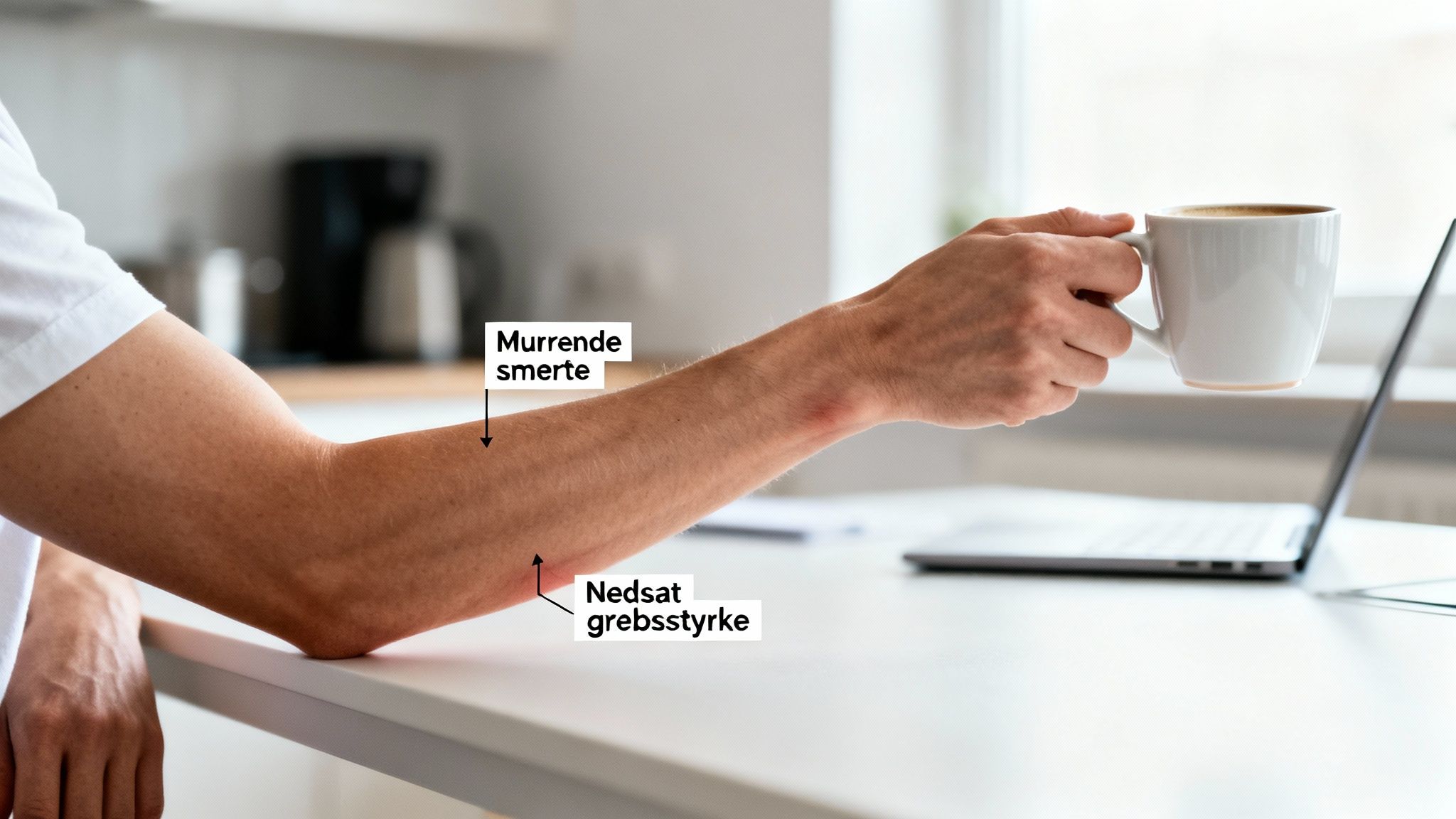 En arm, der viser murrende smerte og nedsat greppstyrke, hvilket indikerer mulige albueproblemer.