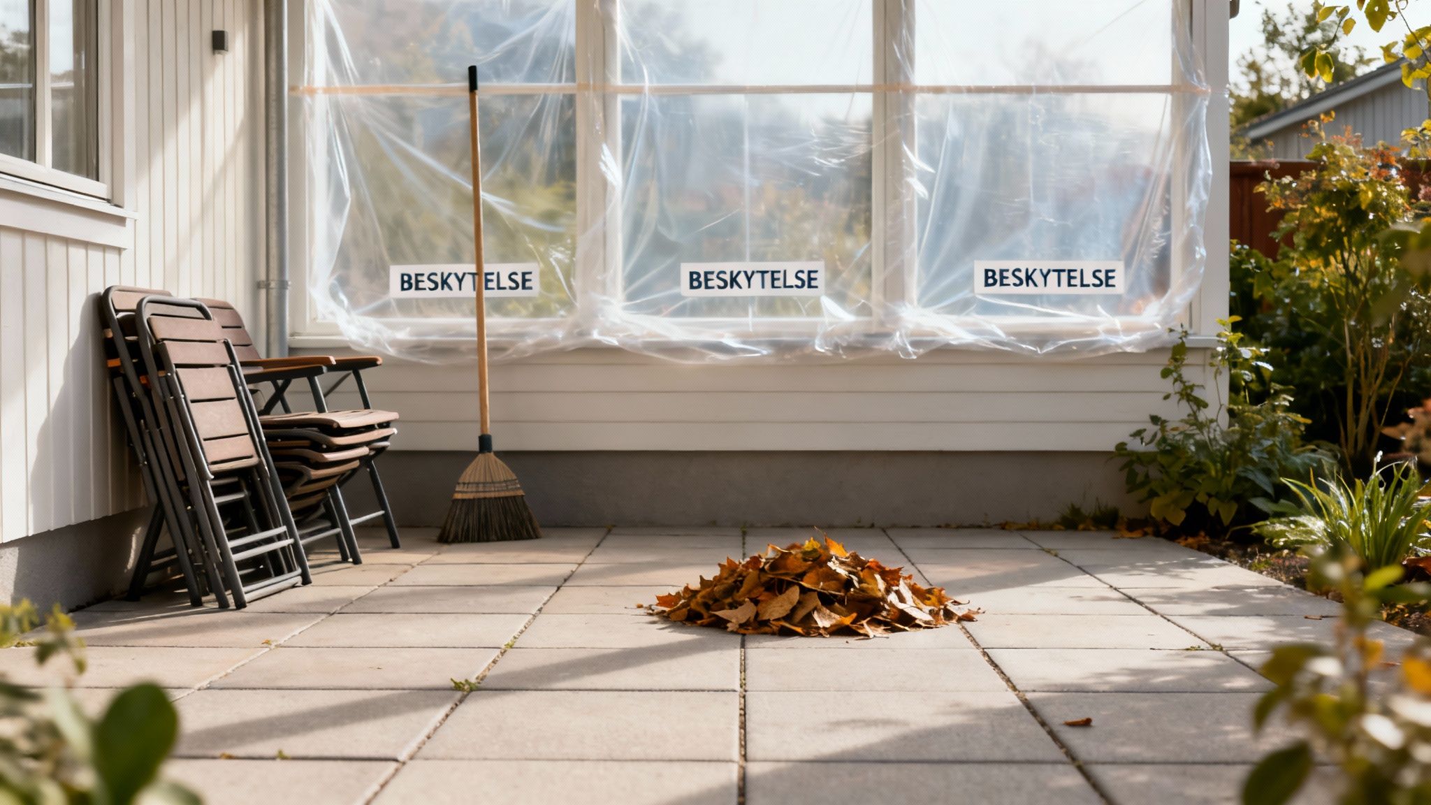 Et udendørs område med en kost, en bunke blade og foldestole. Vinduerne er dækket af beskyttesesplast.