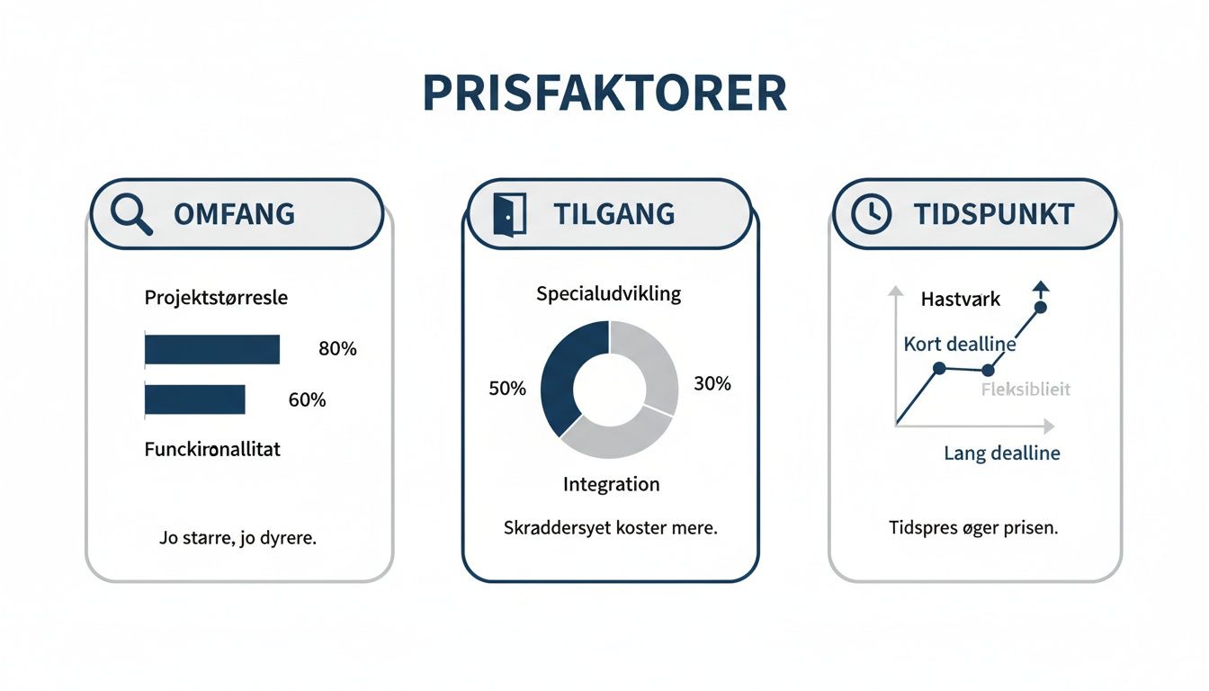 En oversigt over prisfaktorer, der påvirker omfang, tilgang og tidspunkt for et projekt, herunder størrelse og deadline.