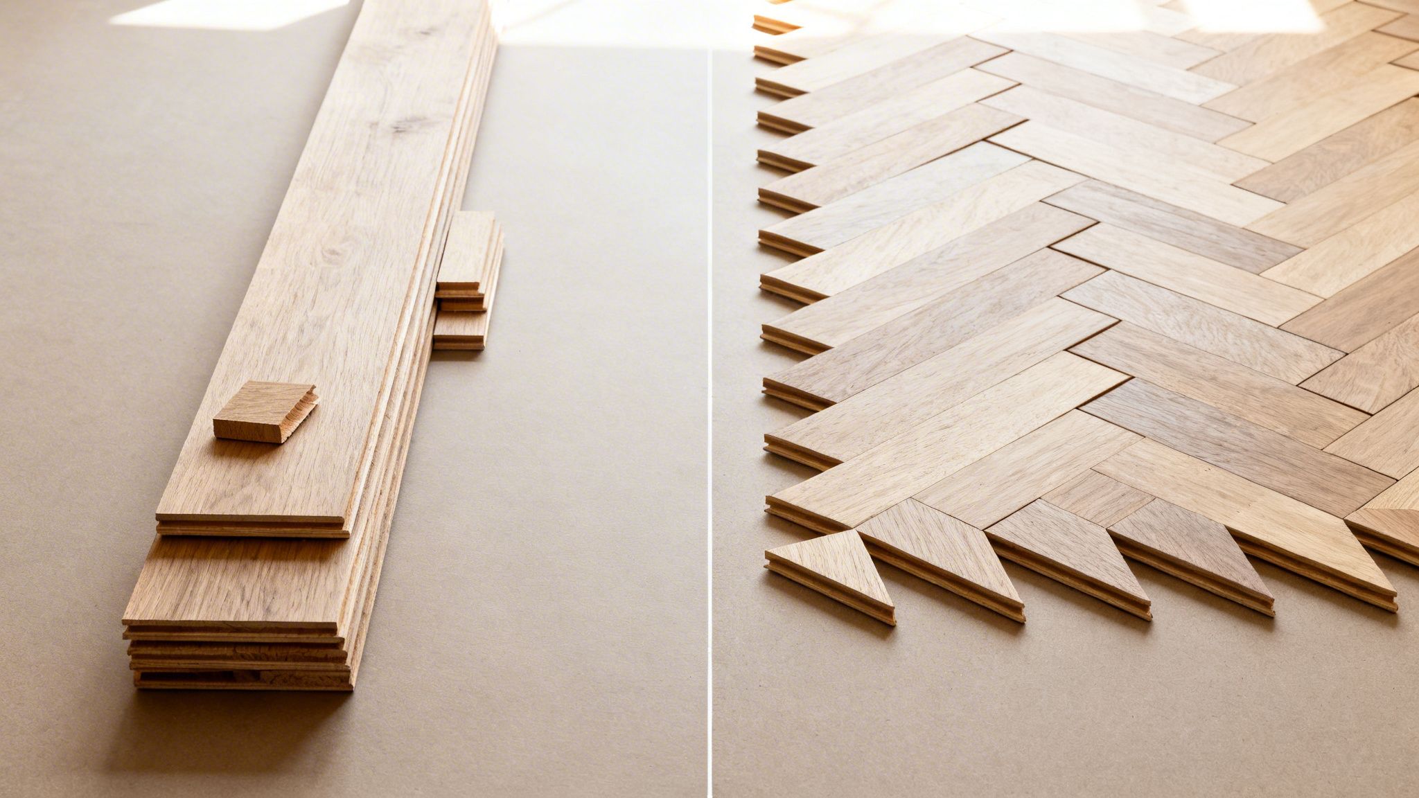 Trægulvsplanker og et påbegyndt sildebensparketmønster, der viser processen med at lægge trægulv.
