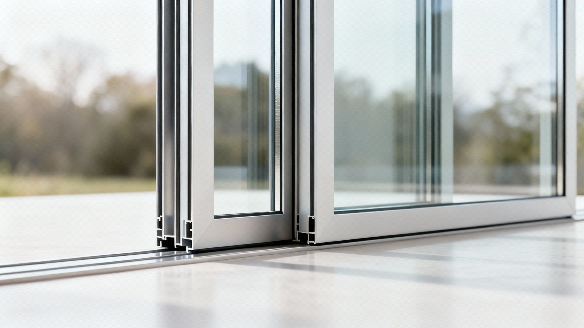 Nærbillede af moderne skydedøre i aluminium med flere glaspaneler og et synligt skinnesystem, der åbner ud til haven.