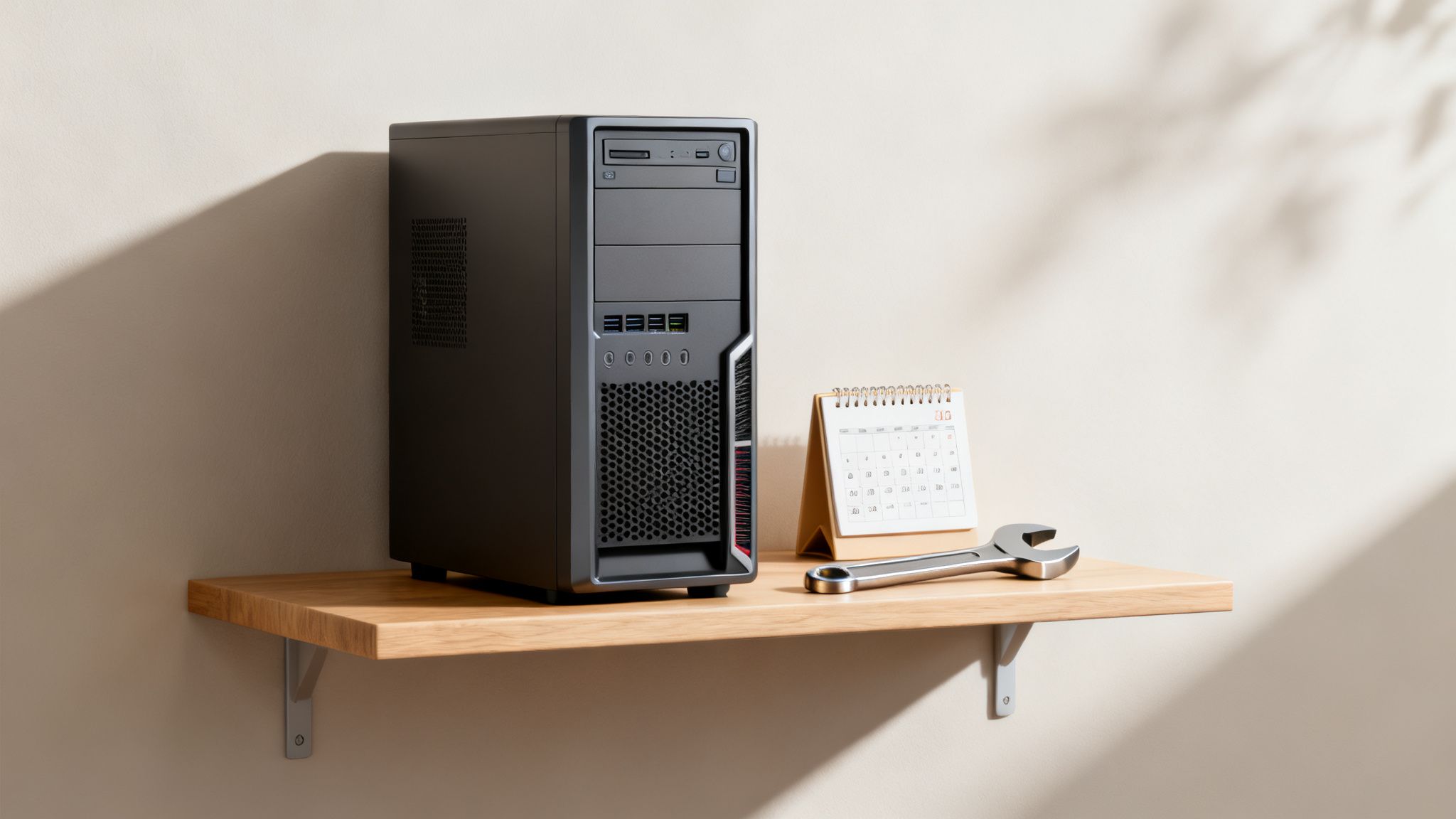 Sort stationær computer, kalender og skruenøgle på træhylde. Skygger fra blade på den lyse væg.