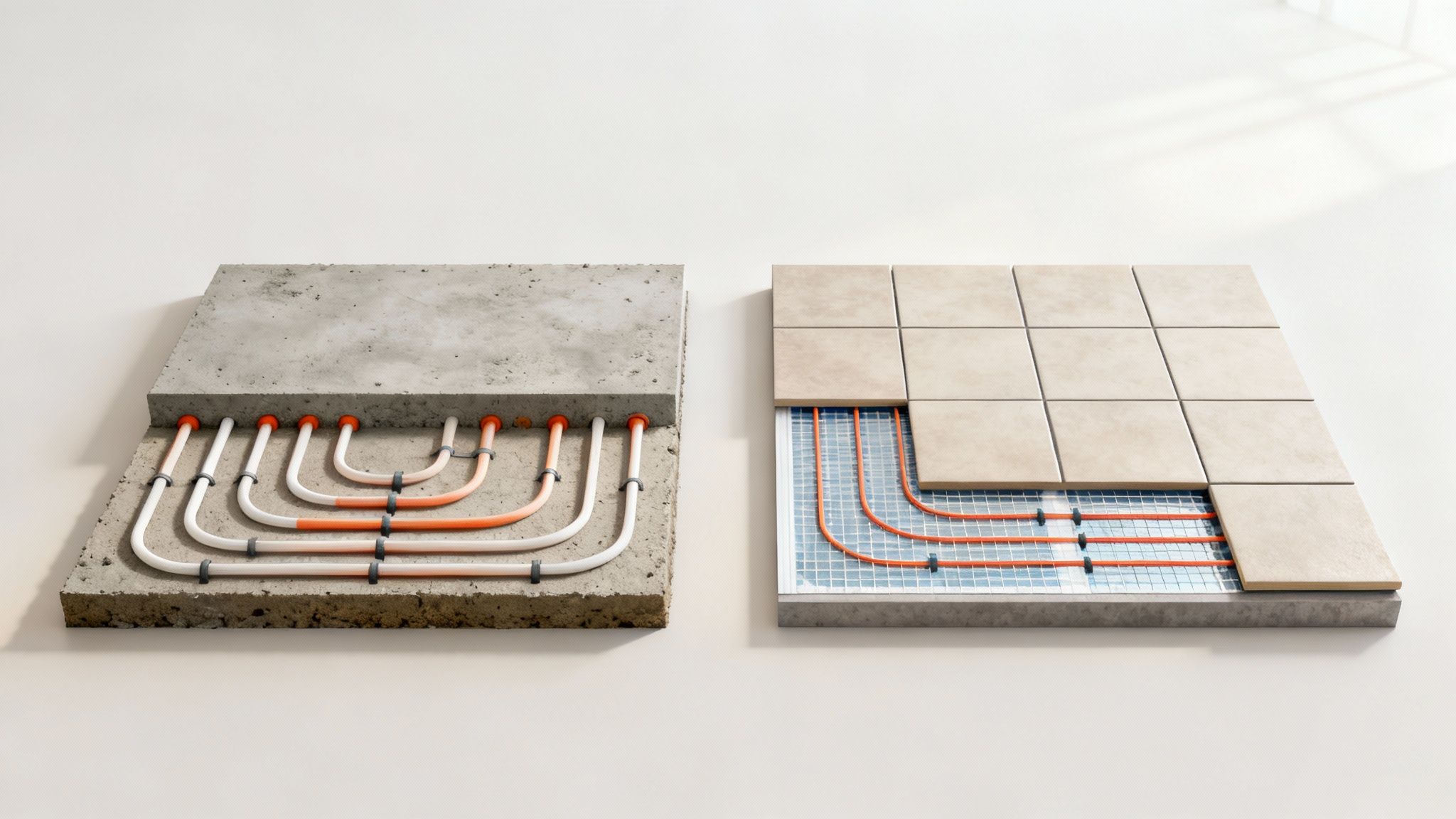 En tømrer installerer gulvvarmeslanger oven på isolering