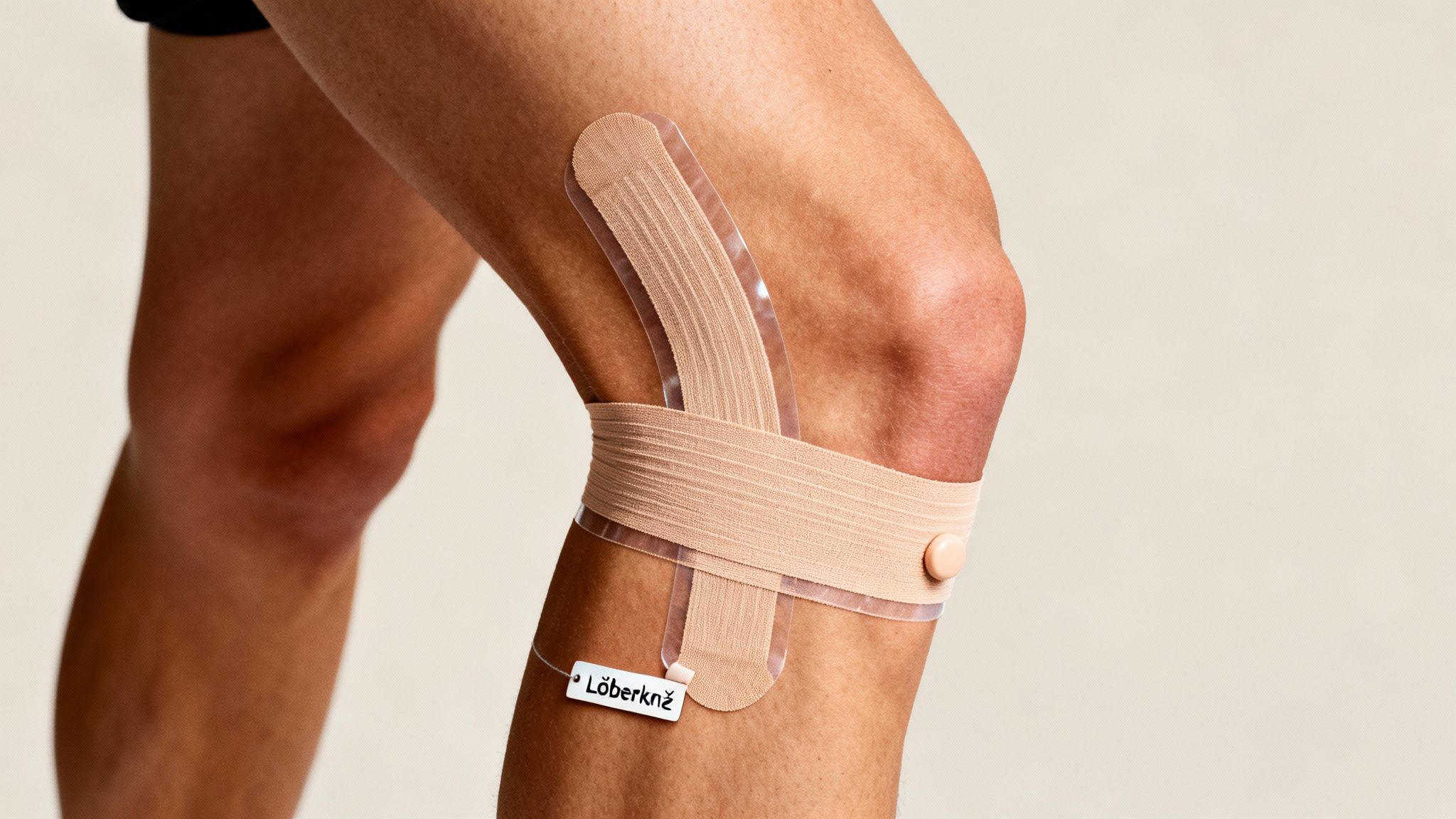 En person med tapet knæ, sandsynligvis på grund af løberknæ, med beige kinesiotape og et mærke.