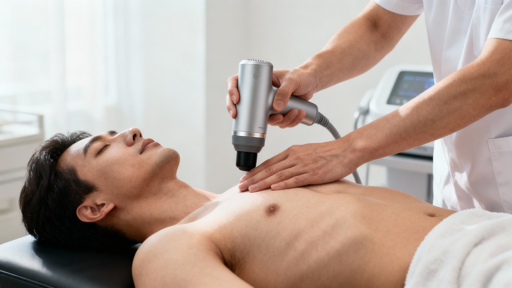 En mand med lukkede øjne modtager fysioterapi på brystet med et håndholdt apparat fra en behandler.