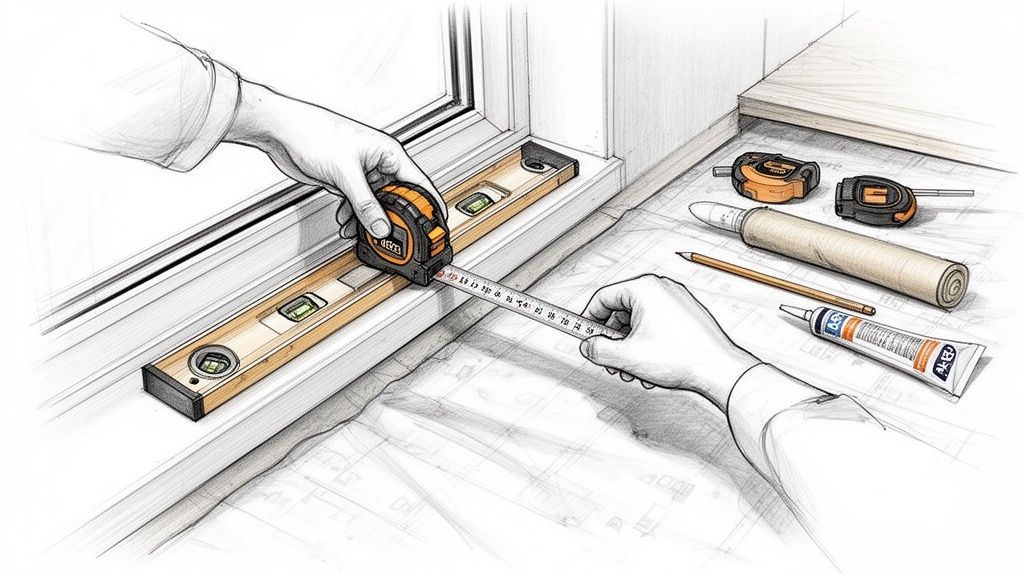 Hænder måler en vindueskarm med et målebånd og vaterpas, omgivet af byggetegninger og værktøj.