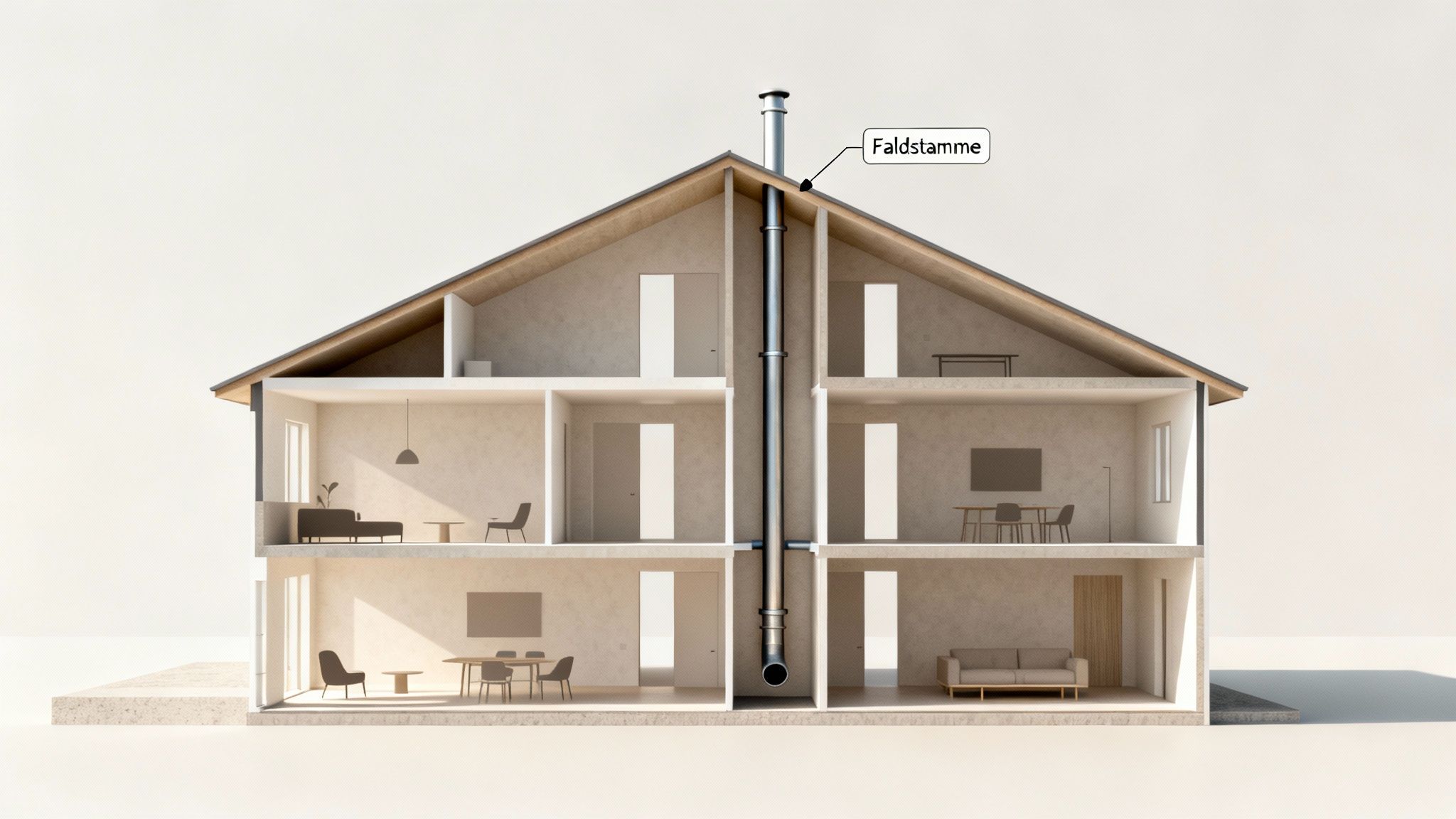 Tværsnit af et moderne hus, der viser en faldstamme fra stueetagen til taget.