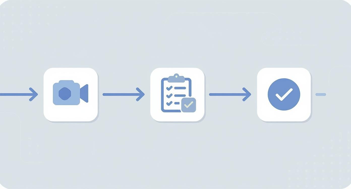Illustration af en proces med et videokamera, en tjekliste og et flueben, der viser et workflow.