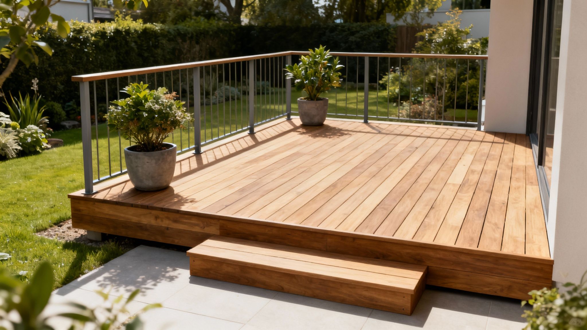 En smuk hævet træterrasse med et stilfuldt gelænder, der fuldender designet og sikrer tryghed.