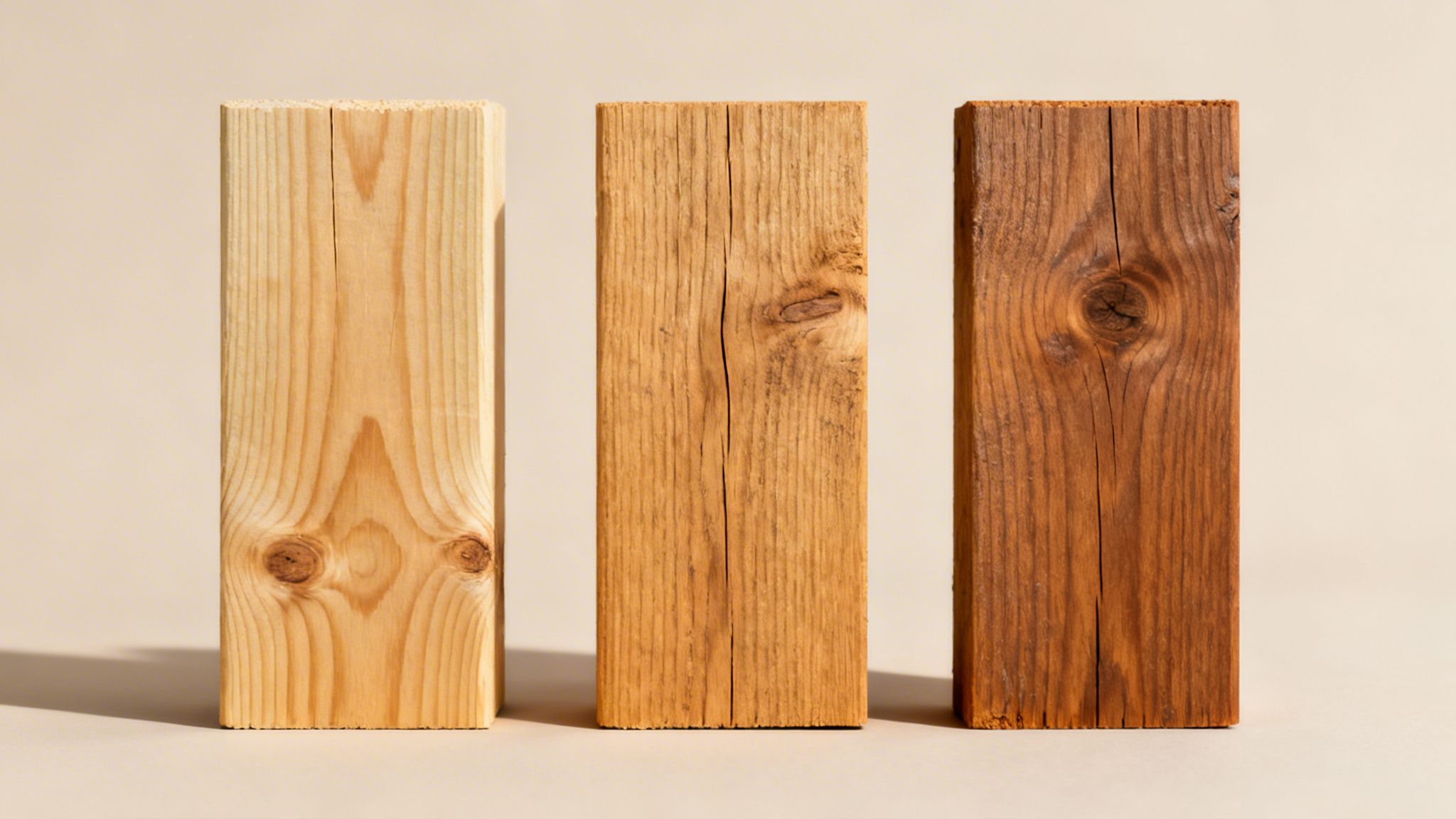 Tre lodrette træplanker i forskellige nuancer og behandlinger mod en neutral baggrund, viser træets struktur.
