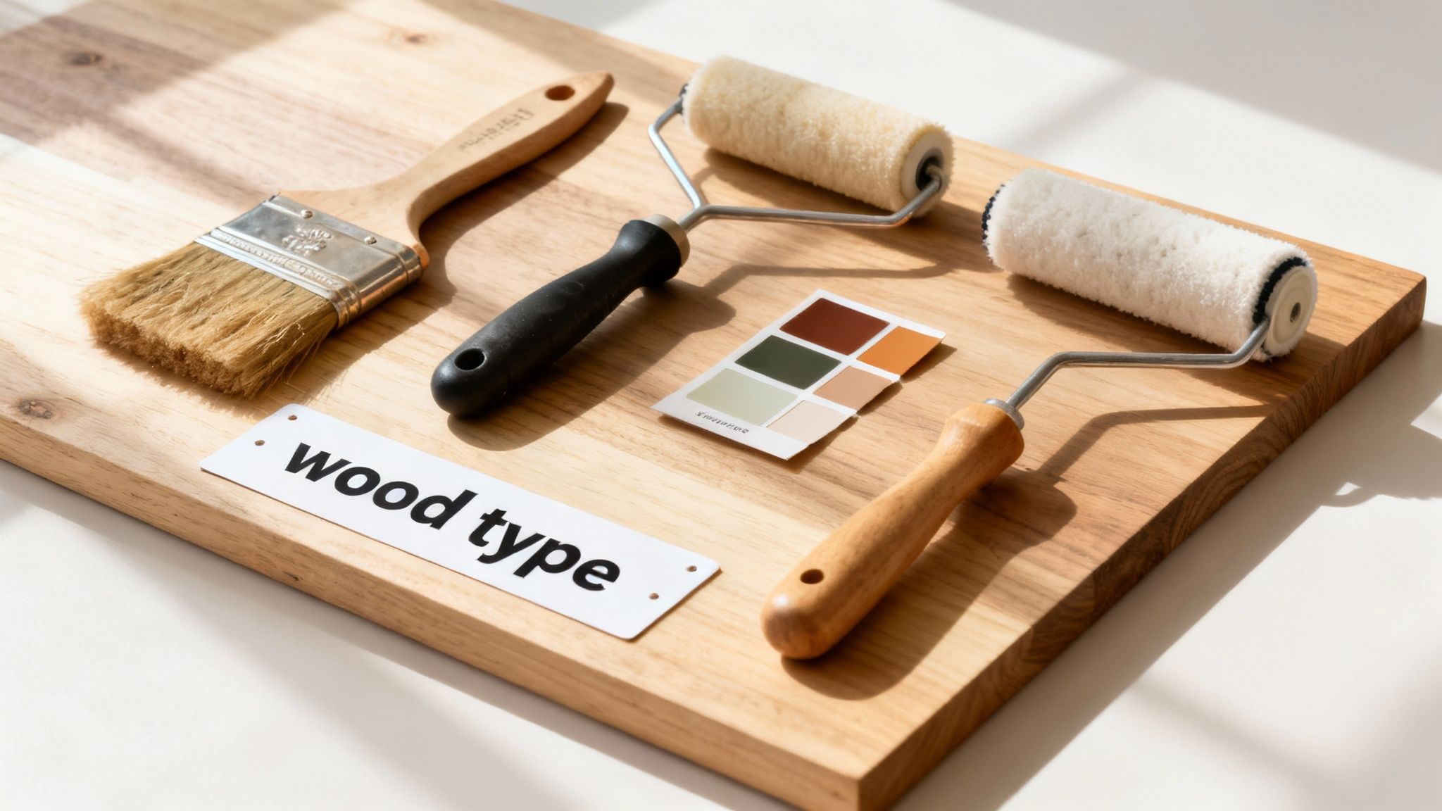 En samling af malerpensler, ruller og farveprøver på et træbræt, klar til træbehandling.