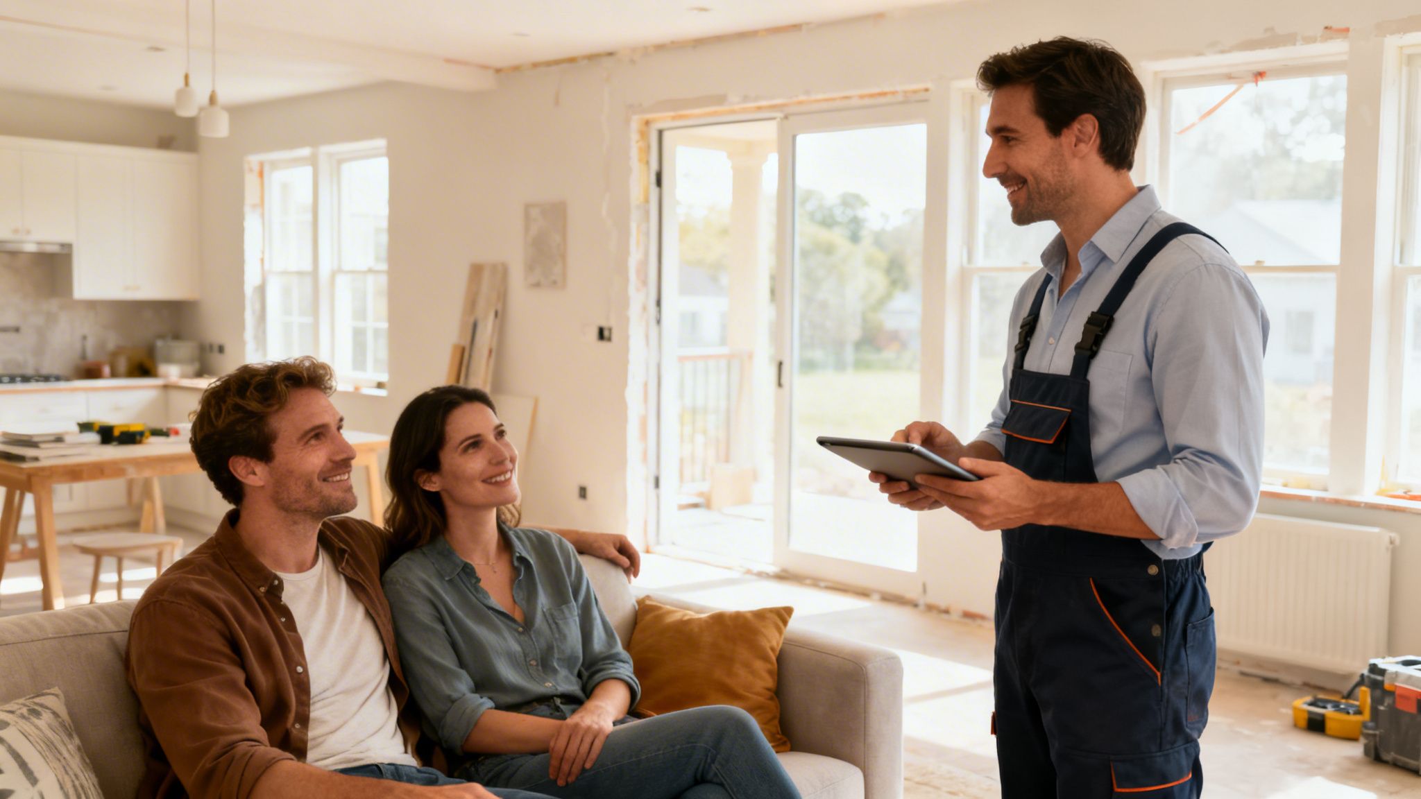 Et smilende par taler med en håndværker, der viser en tablet, i et hjem under renovering.