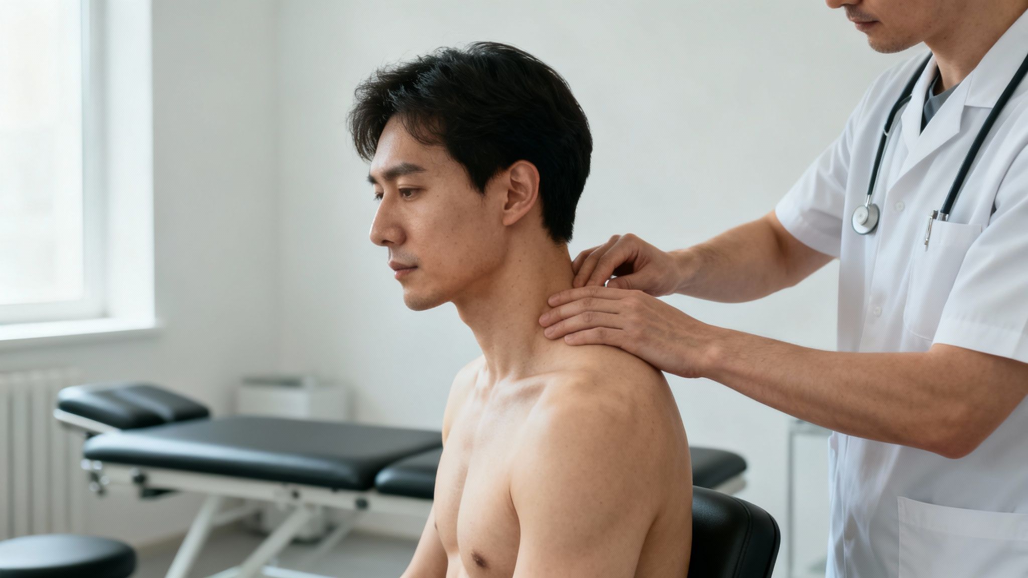 En læge undersøger og masserer en ung mands nakke og skuldre på en klinik.