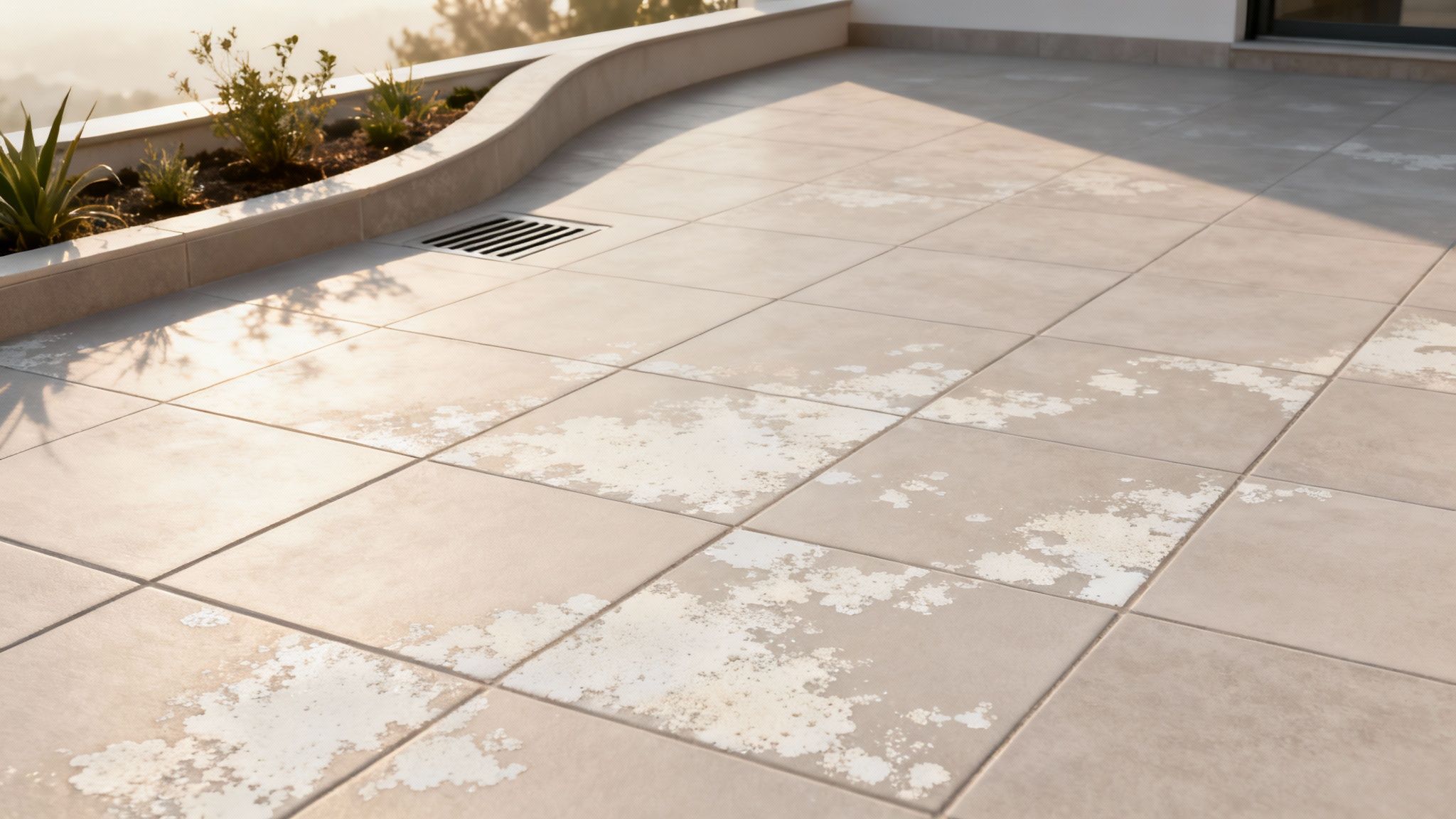 Terrassefliser med hvide kalkaflejringer fra vand på en solrig udendørs terrasse.