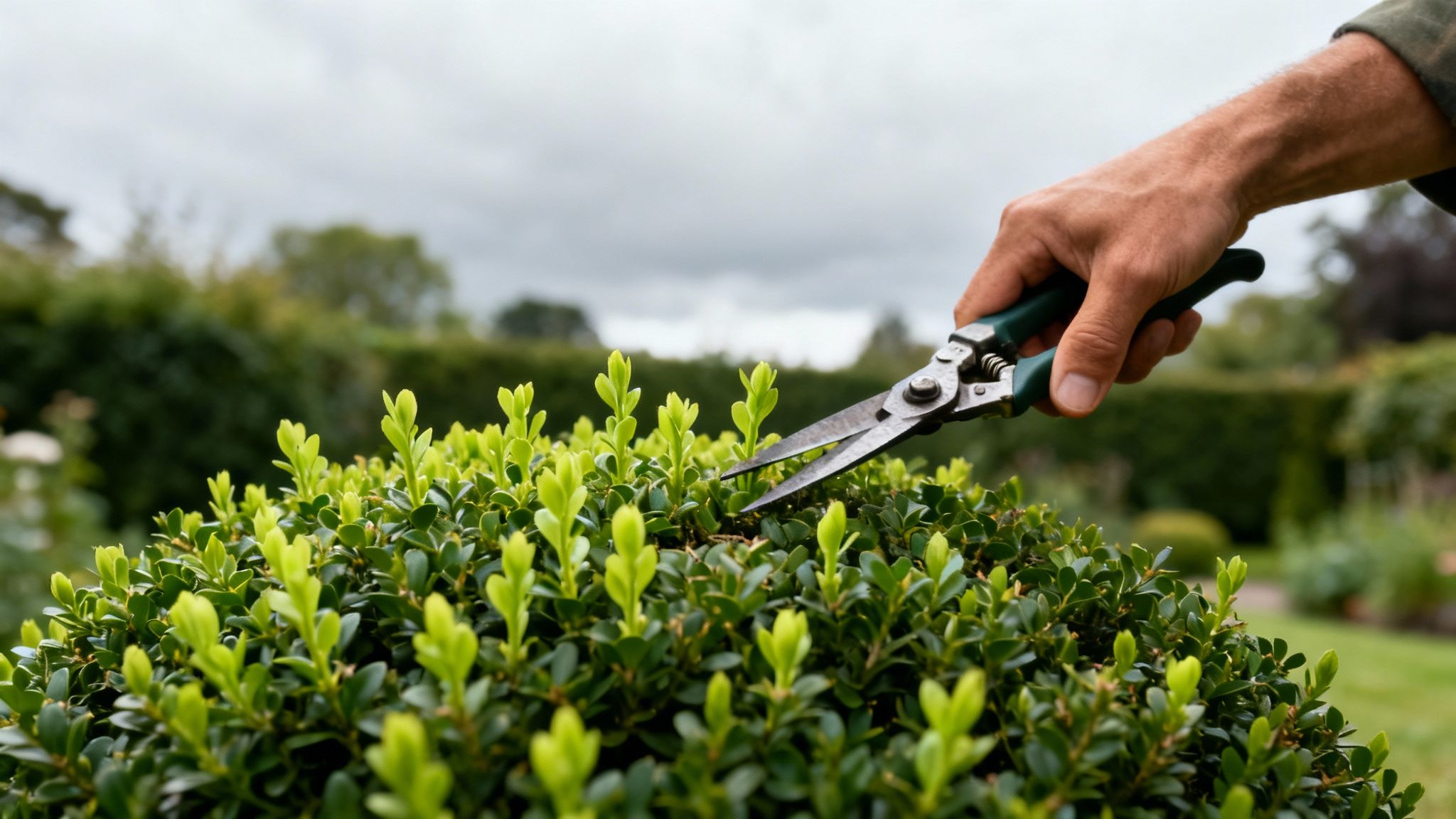 En hånd beskærer en buksbom med en saks i en grøn have under en grå himmel.