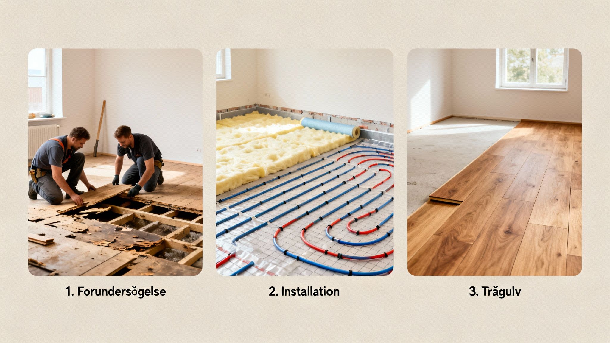 Tre billeder viser processen med at installere gulvvarme og lægge nyt trægulv i et gammelt hus.