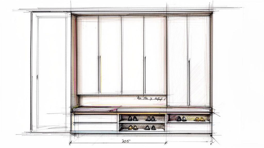 Skitse af en indbygget garderobe og opbevaringsløsning til entréen med skabe, bænk og skoopbevaring.