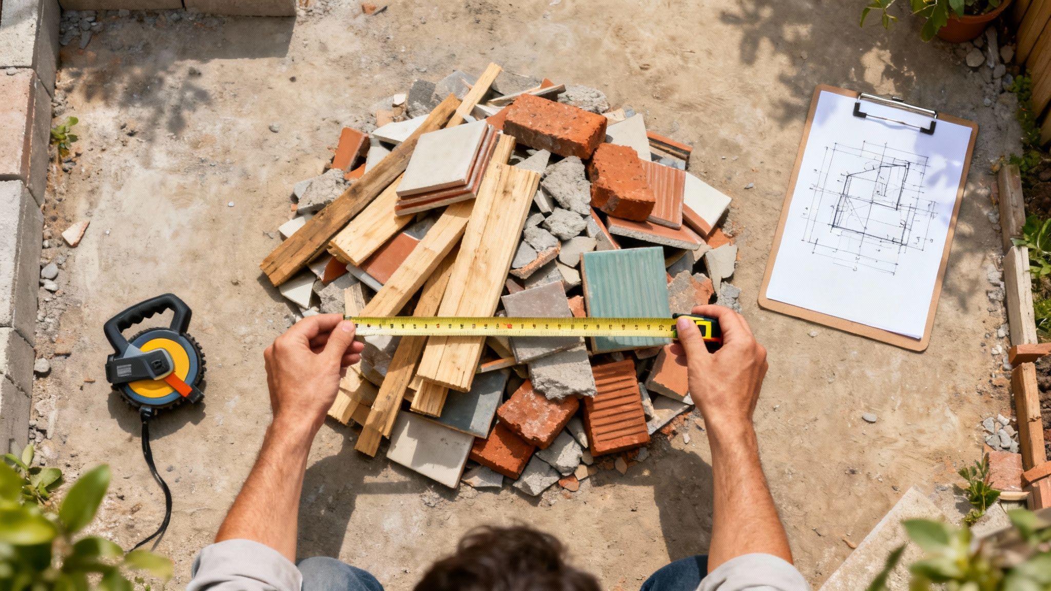 Person måler en bunke byggeaffald med et målebånd, inklusiv træ, mursten og fliser, ved siden af en byggeplan.
