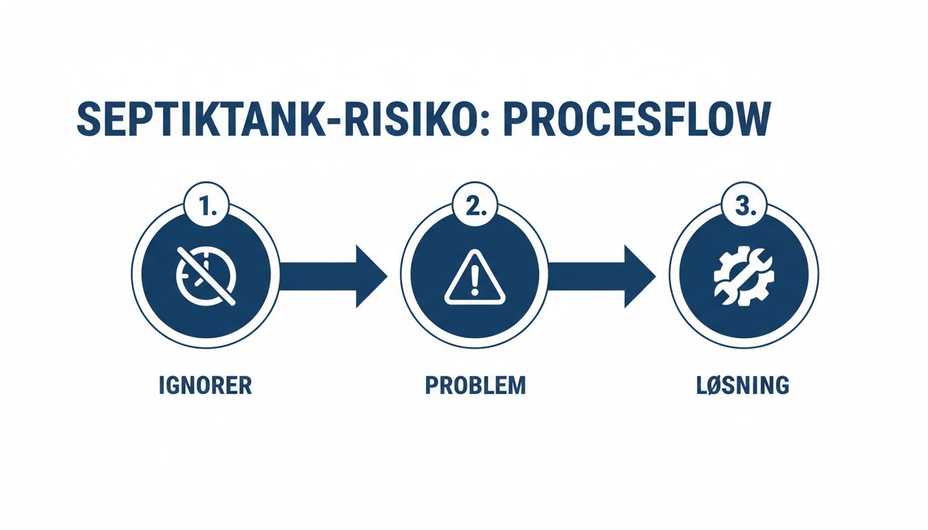 Diagram der illustrerer septiktank-risiko procesflow: fra at ignorere, til et problem, og derefter en løsning.