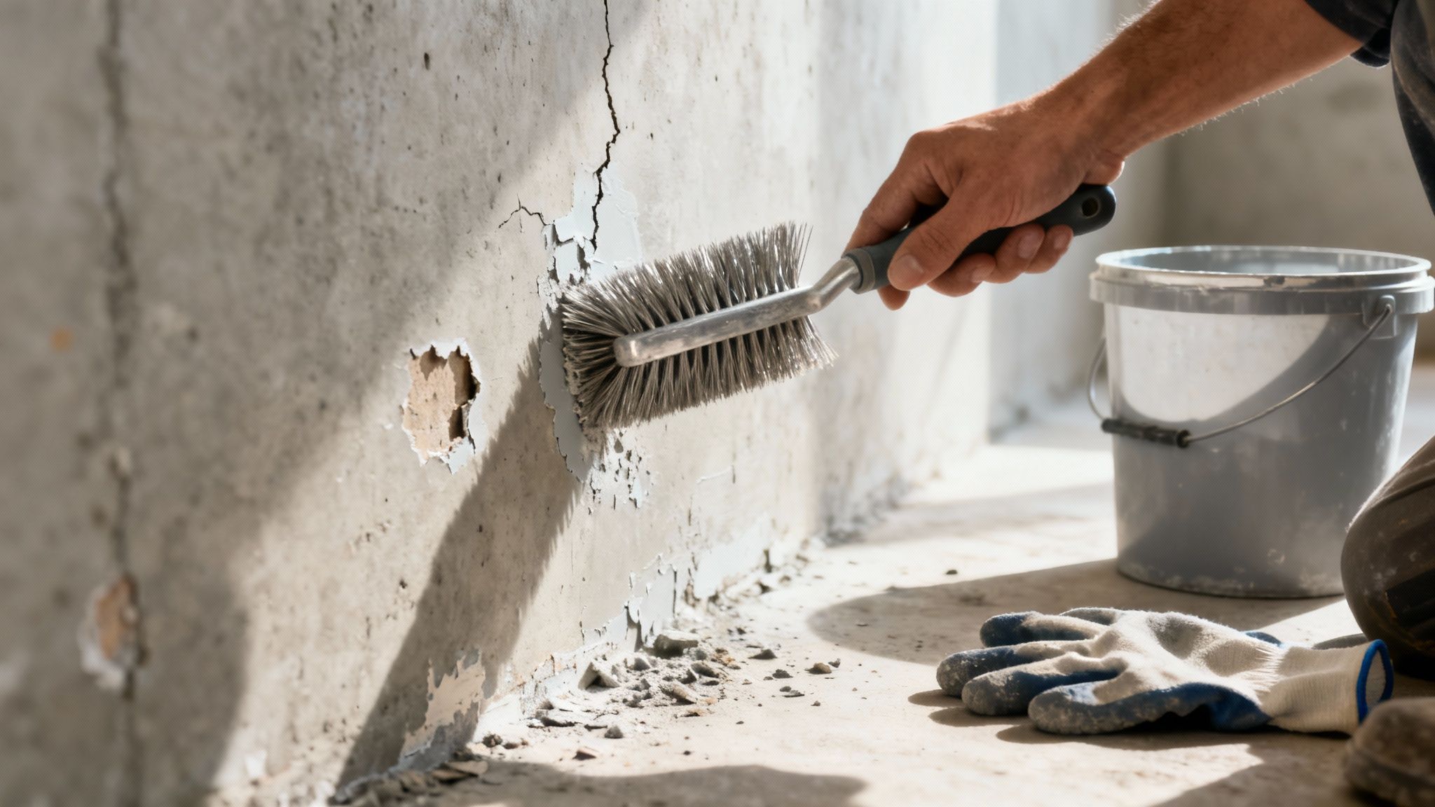 En person børster afskallende maling af en betonvæg som forberedelse til renovering.