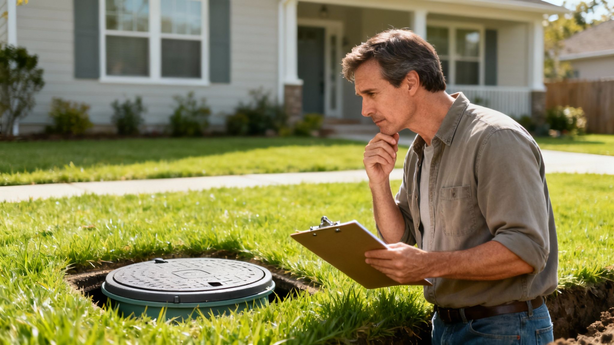 En mand med clipboard og eftertænksomt udtryk inspicerer et dæksel til en septiktank i en græsplæne.