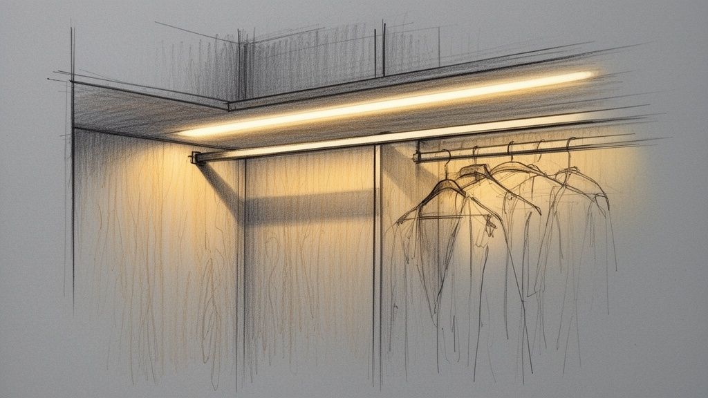 Skitsering af et moderne walk-in closet med integreret belysning og tøjbøjler på en skinne.