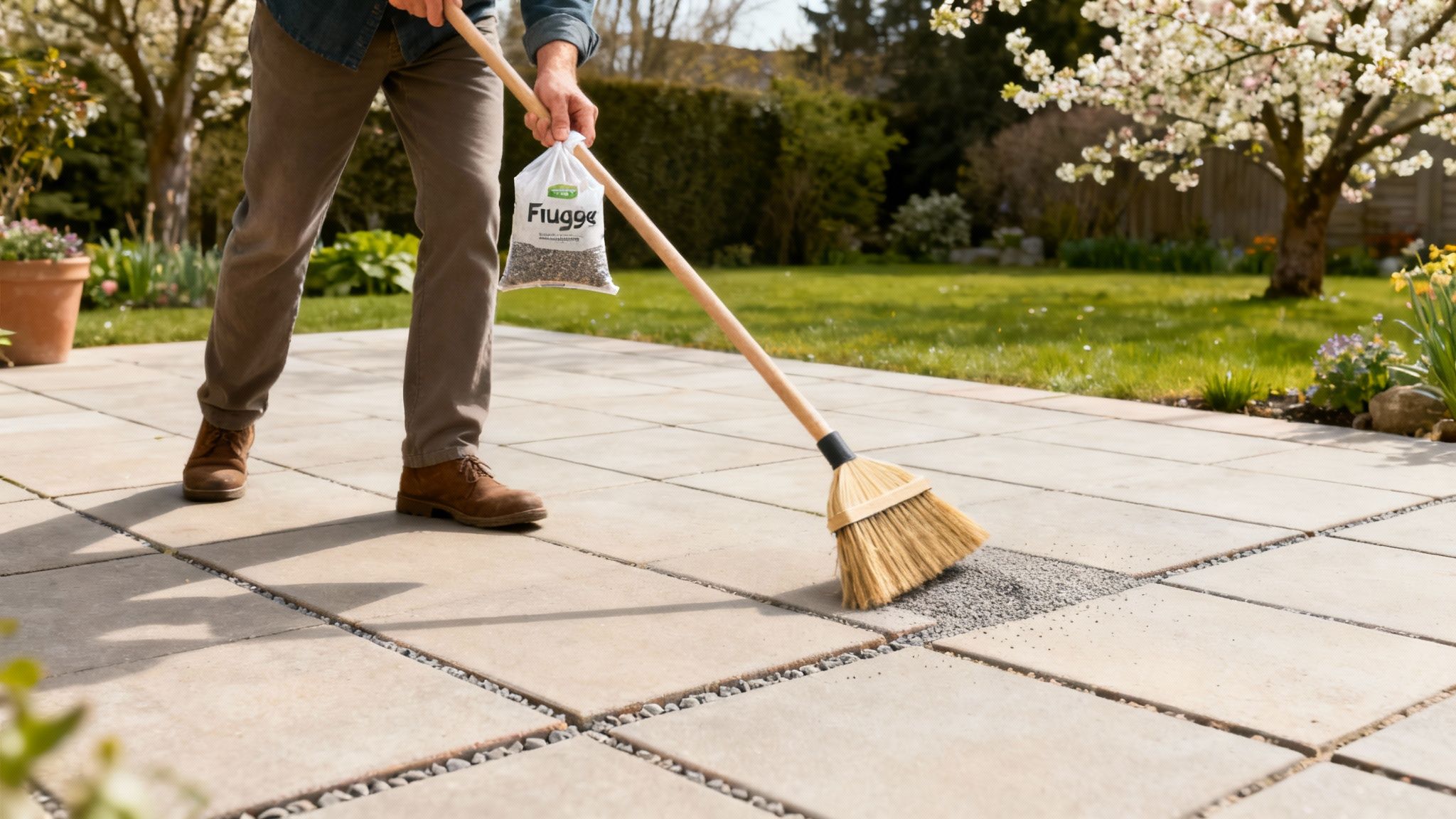 Person fejer fugesand mellem fliser på terrassen med en kost i forårsdag