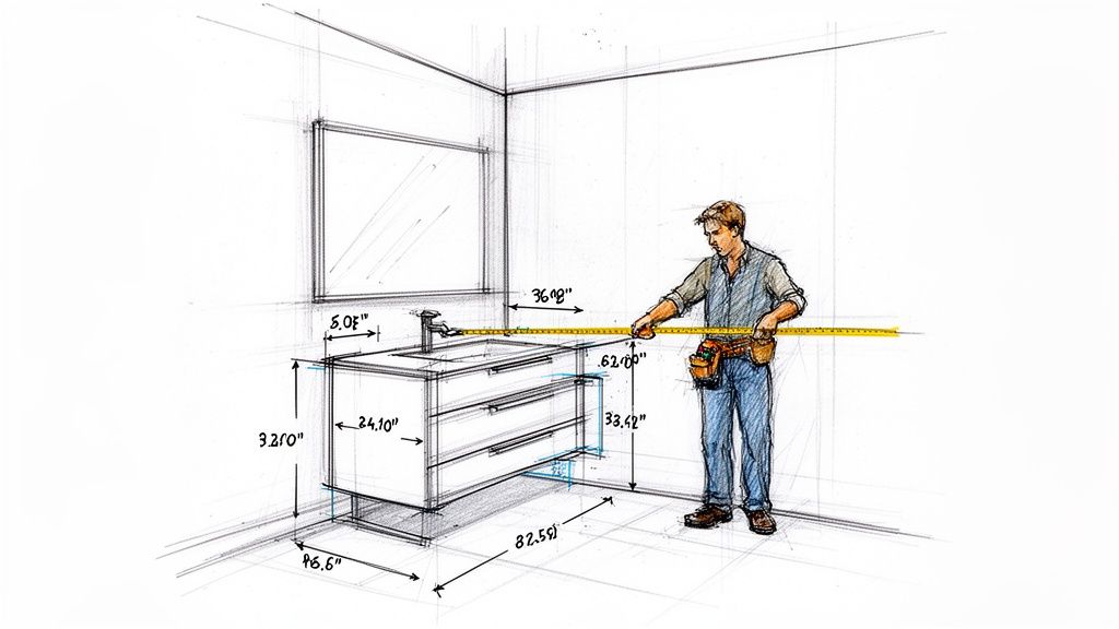 En mand måler et badeværelsesmøbel med et målebånd. Skitse med dimensioner af et badeværelse.
