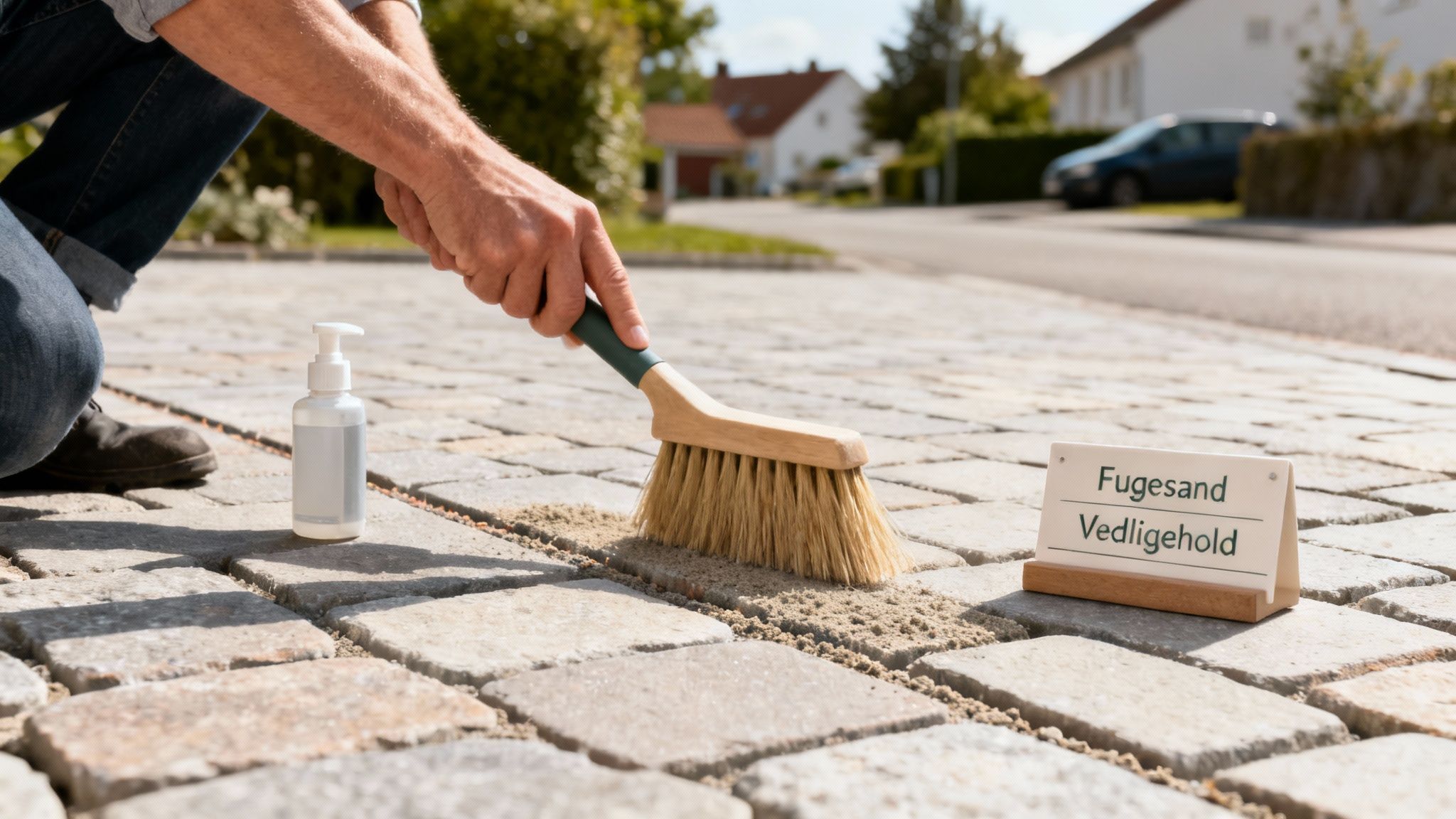 En person fejer fugesand ned i sprækkerne mellem stenene på en indkørsel med en børste.