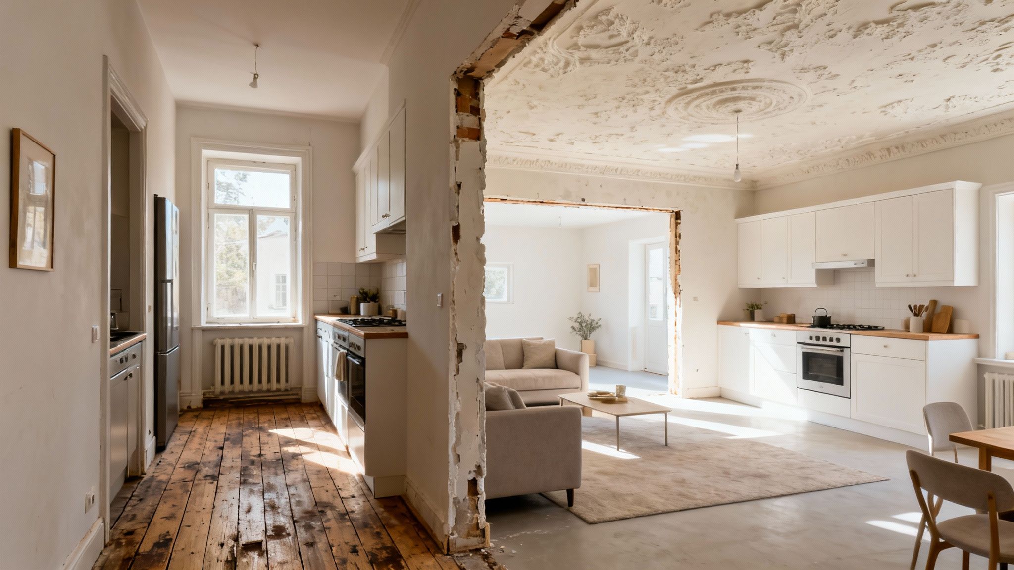 Renoveret lejlighed viser et ældre køkken og et nyt, åbent køkken/opholdsrum med revet væg.