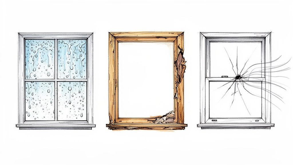 Tre tegninger af vinduer der viser regn, en rådnet ramme og knust glas, som indikerer behov for udskiftning.