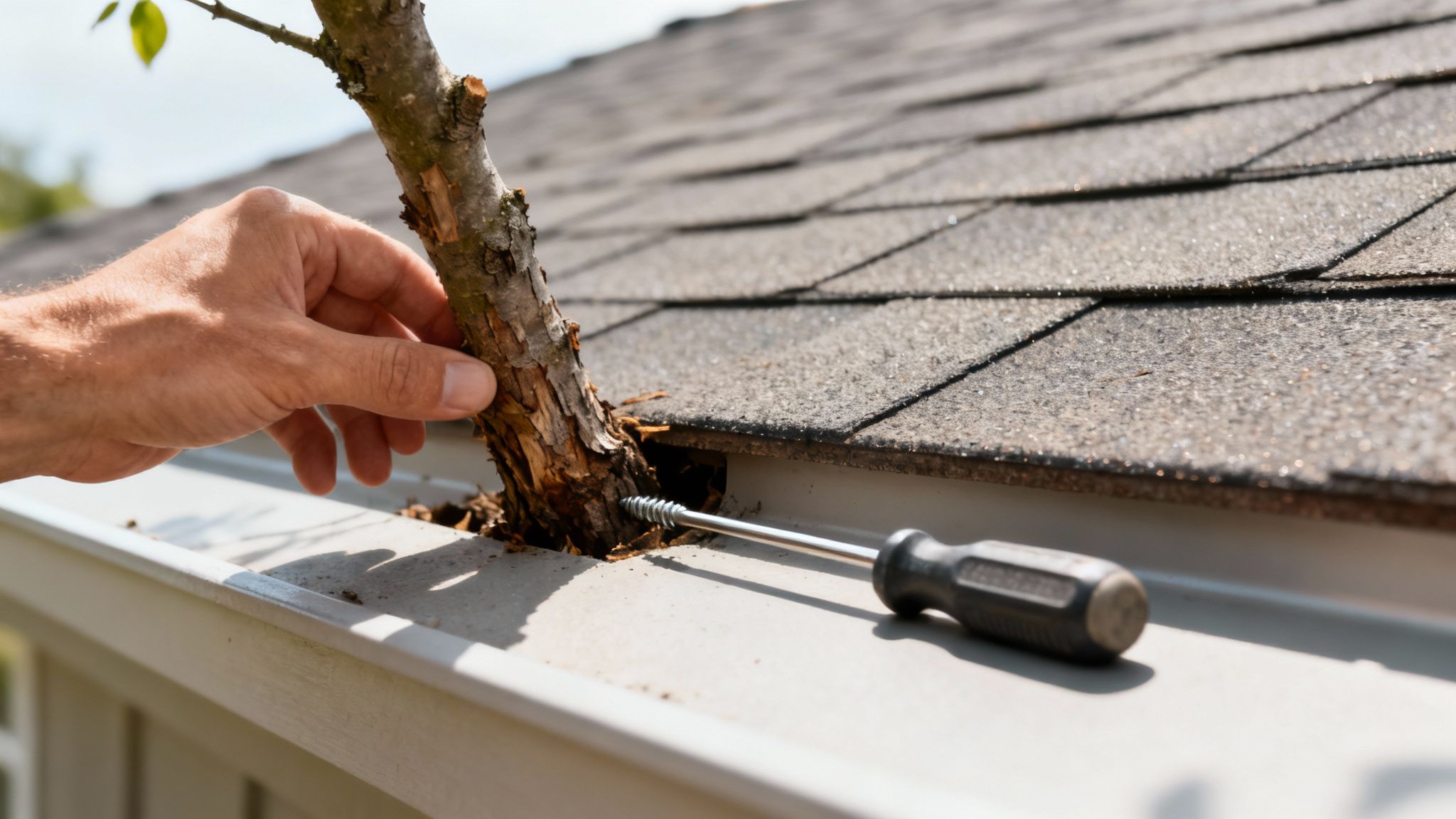 En hånd fjerner en trækvist fra en beskidt tagrende ved siden af et tag med skifer.