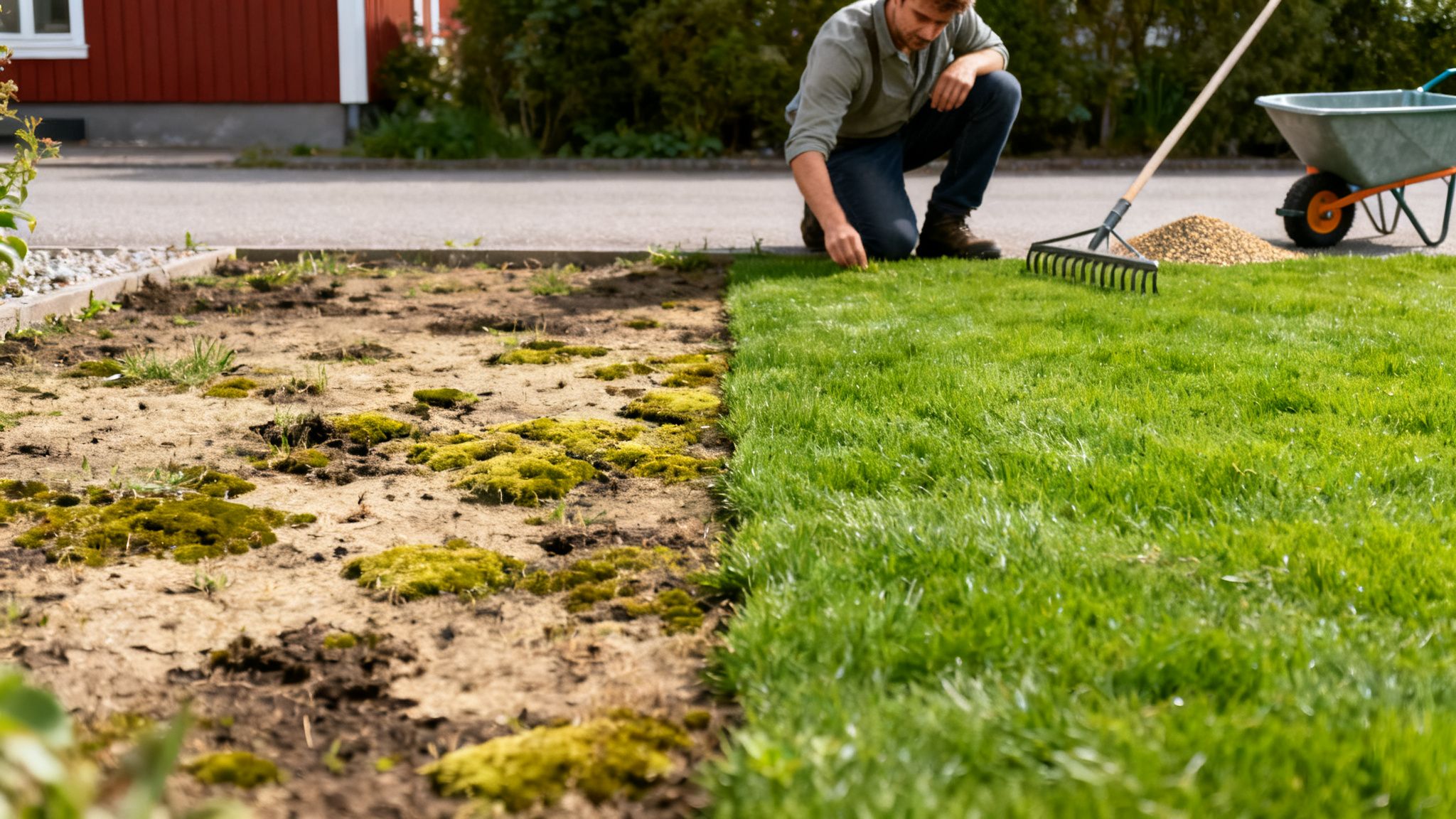Mand arbejder på sin græsplæne; den er halvt frodigt græs og halvt bar jord med mos.