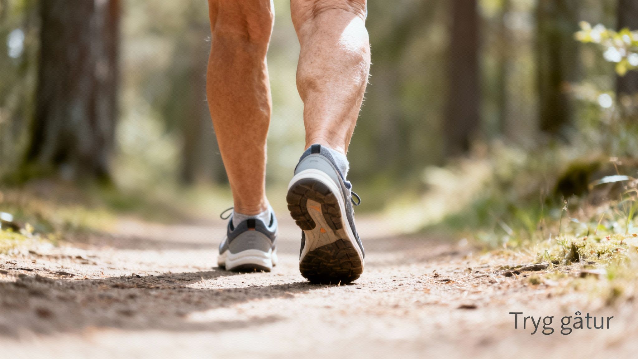En person går på en skovsti iført grå sportssko, med fokus på ben og fødder. Tryg gåtur.
