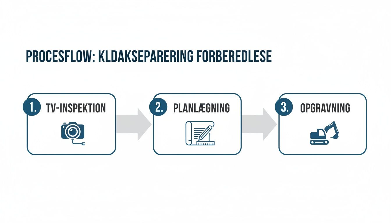 Process flow for kloakseparering: TV-inspektion, planlægning og opgravning. Trinene vises med ikoner.