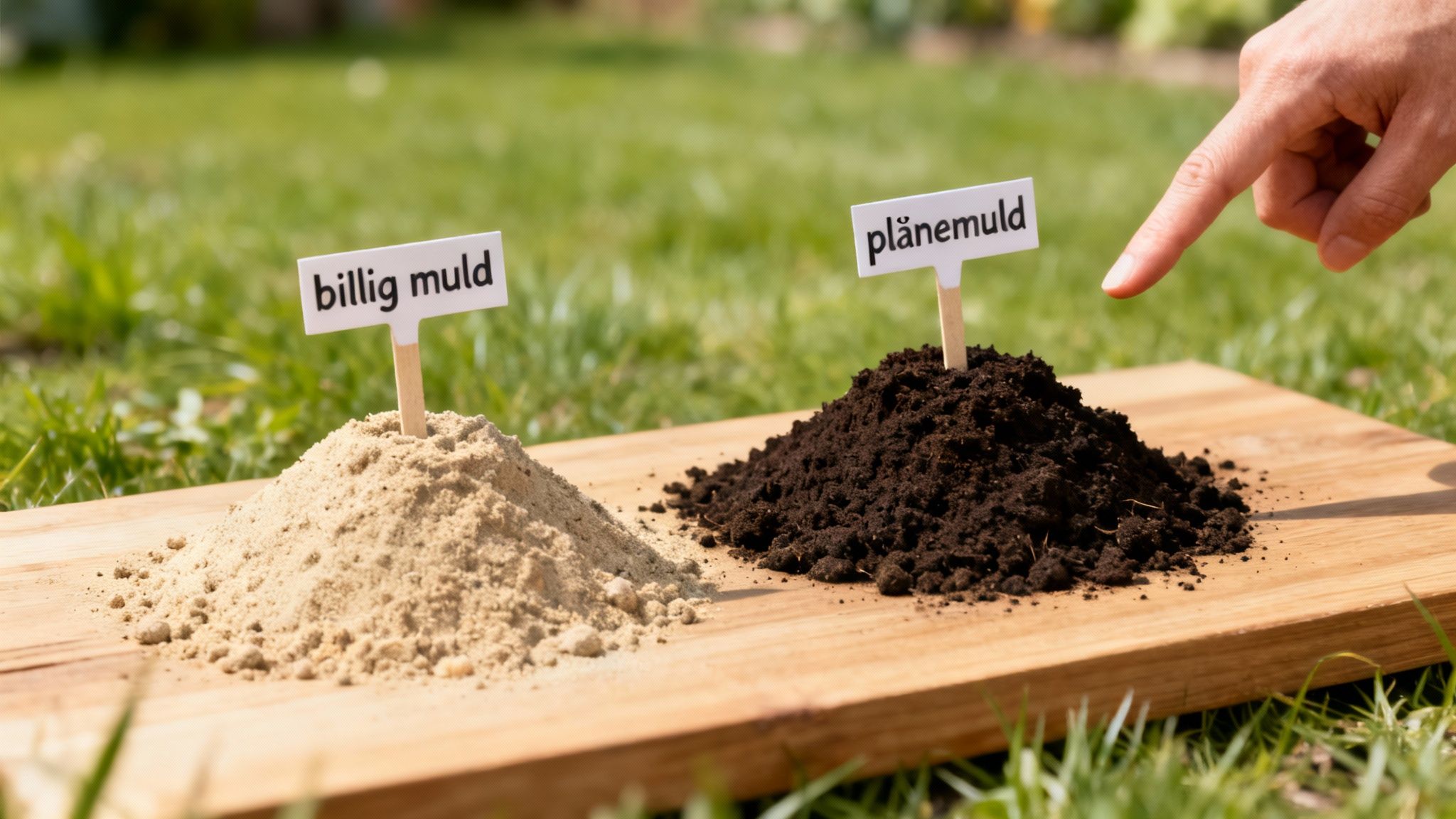 To bunker jord: billig muld og plånemuld. En finger peger på plånemulden, en sammenligning af jordtyper til græsplænen.