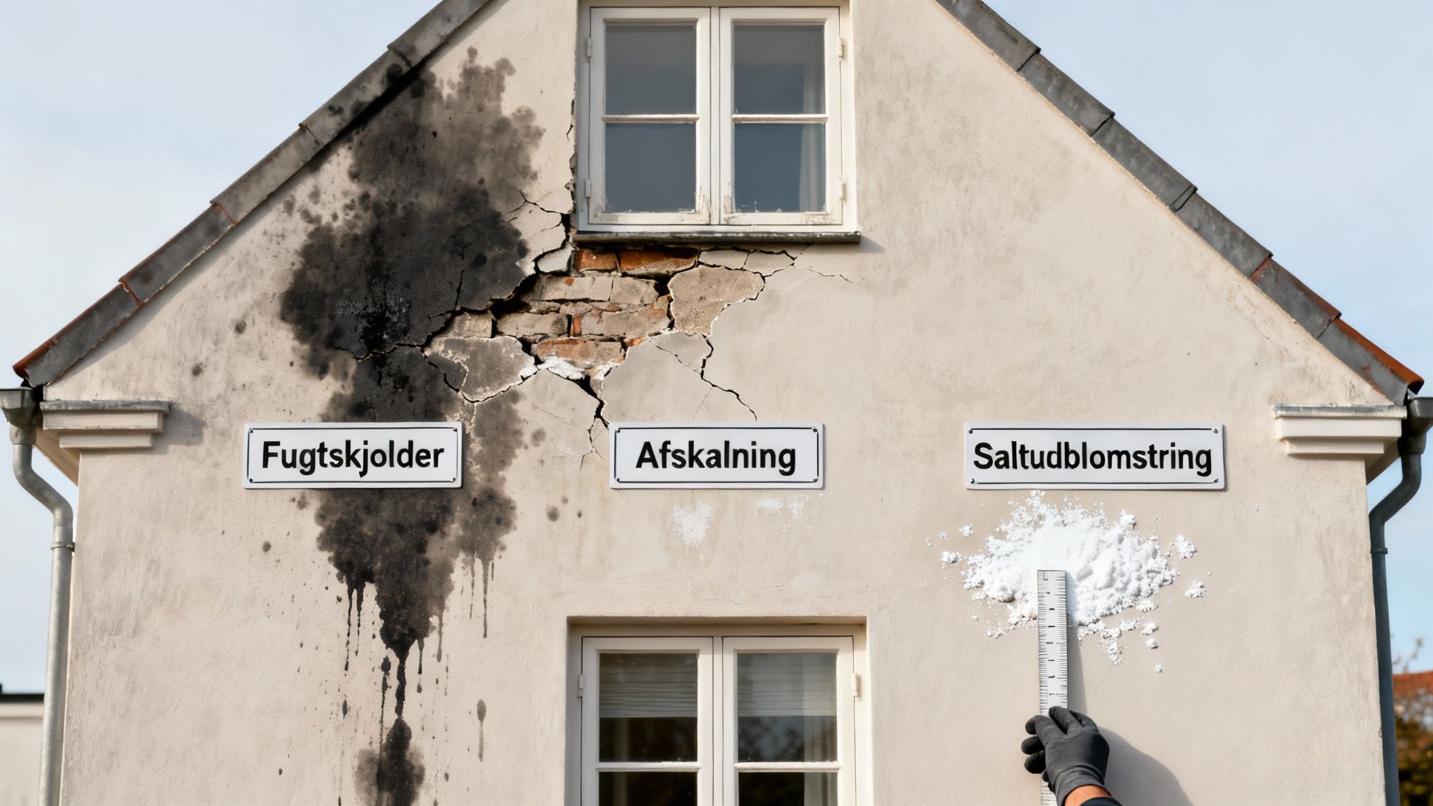 Væg på hus med fugtskjolder, afskalning og saltudblomstring, der illustrerer murværksproblemer.