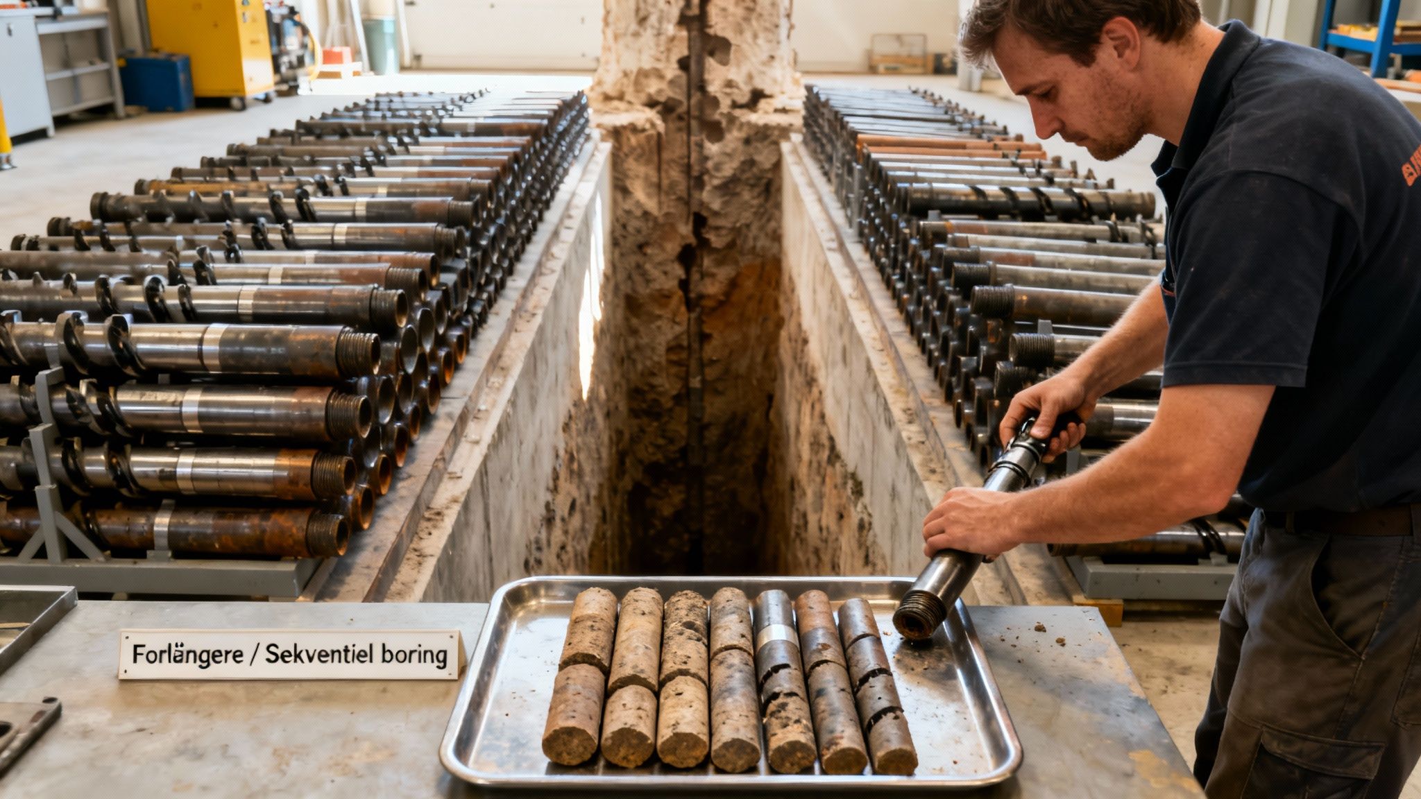 En mand sorterer boreprøver fra dybdeboring i et geologisk laboratorium med boreudstyr.