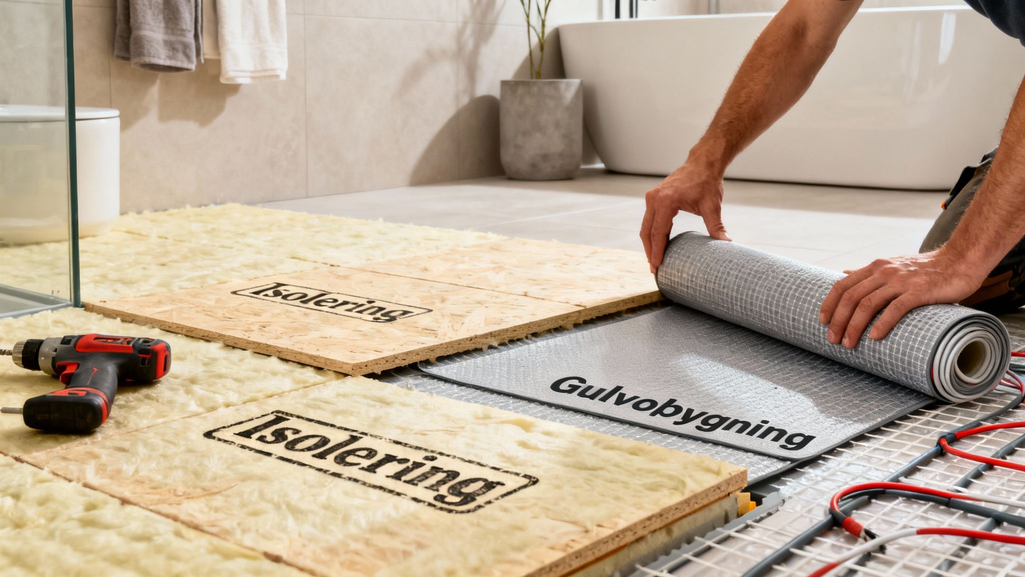 En hånd installerer el-gulvvarme og isolering i et badeværelse med en boremaskine ved siden af.