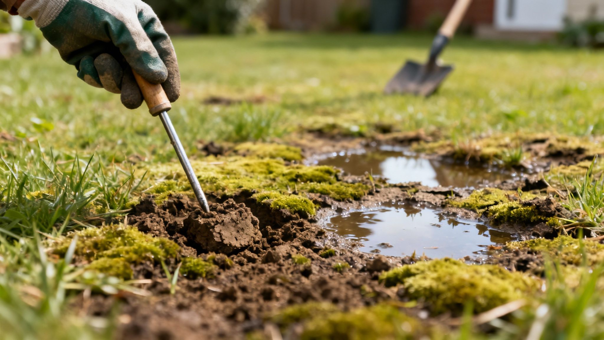 En handskeklædt hånd fjerner mos fra en græsplæne med et håndværktøj nær vandpytter.