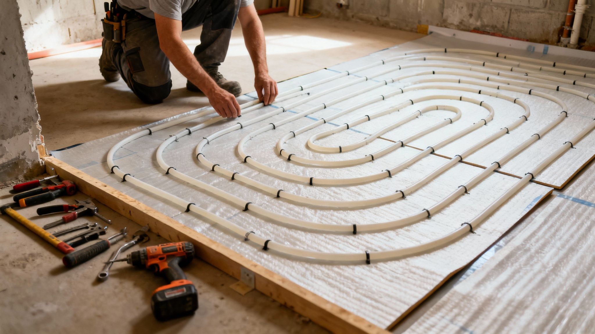 En håndværker installerer gulvvarmerør på isoleringsmåtter i et rum, med værktøj liggende på gulvet.