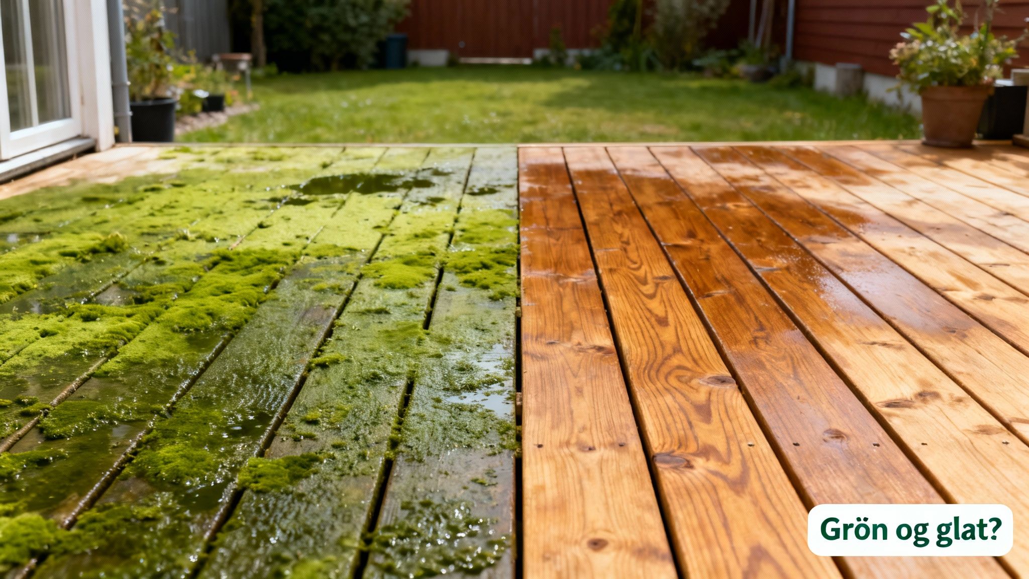 En træterrasse, hvor den ene halvdel er dækket af grøn mos og den anden halvdel er rent, nyolieret træ.