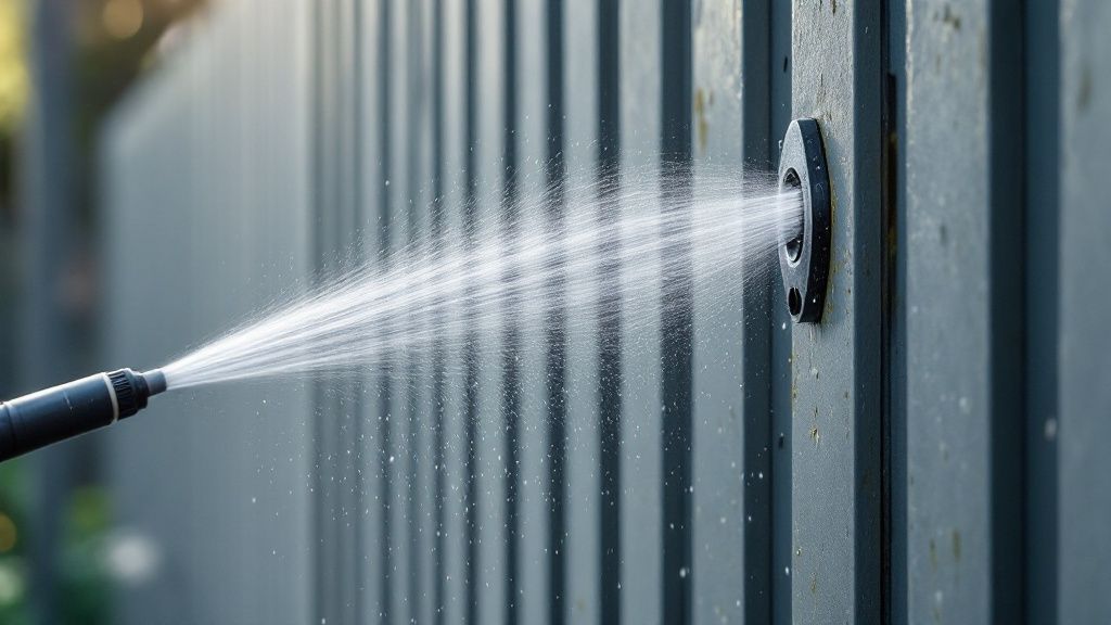 En person bruger en børste til at rense fuger mellem udendørs fliser