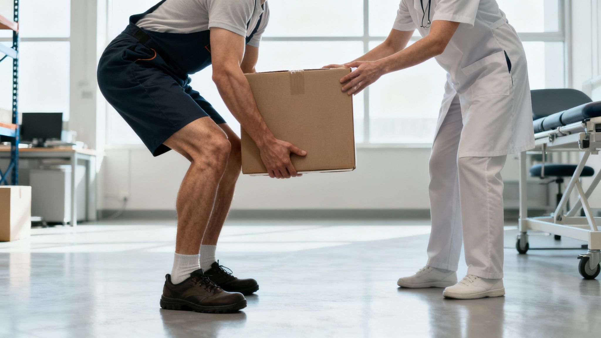 To personer, en i arbejdstøj og en i hvid kittel, løfter sammen en papkasse på en klinik.
