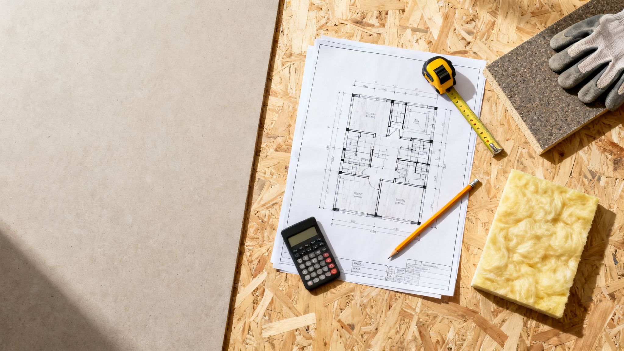 Byggeplaner, værktøj og isoleringsmaterialer på en træplade, klar til gulvvarmeinstallation og renovering.