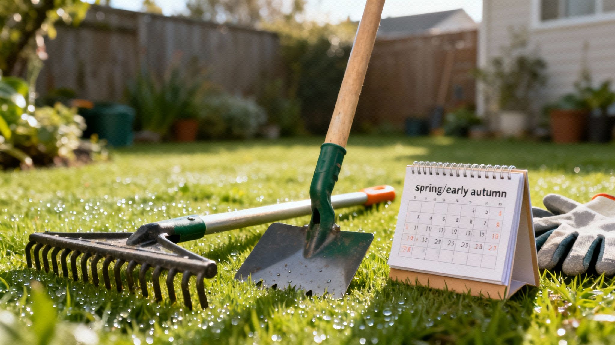 En person bruger en vertikalskærer på en græsplæne dækket af mos.